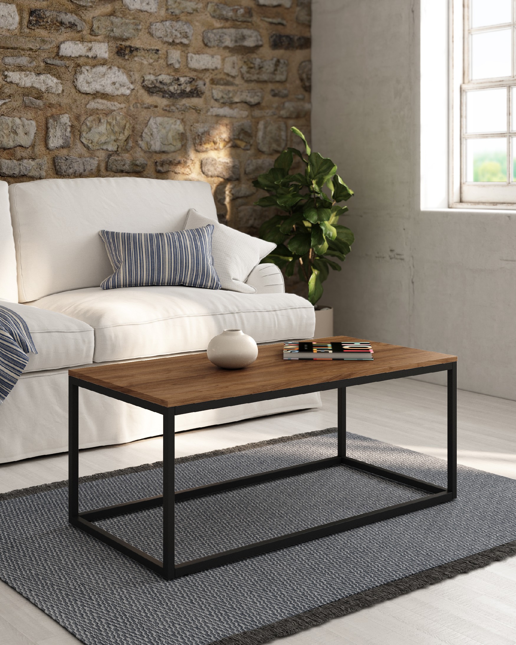 Pacífico side table with a java melamine top and black metal leg 100 x 50 cm