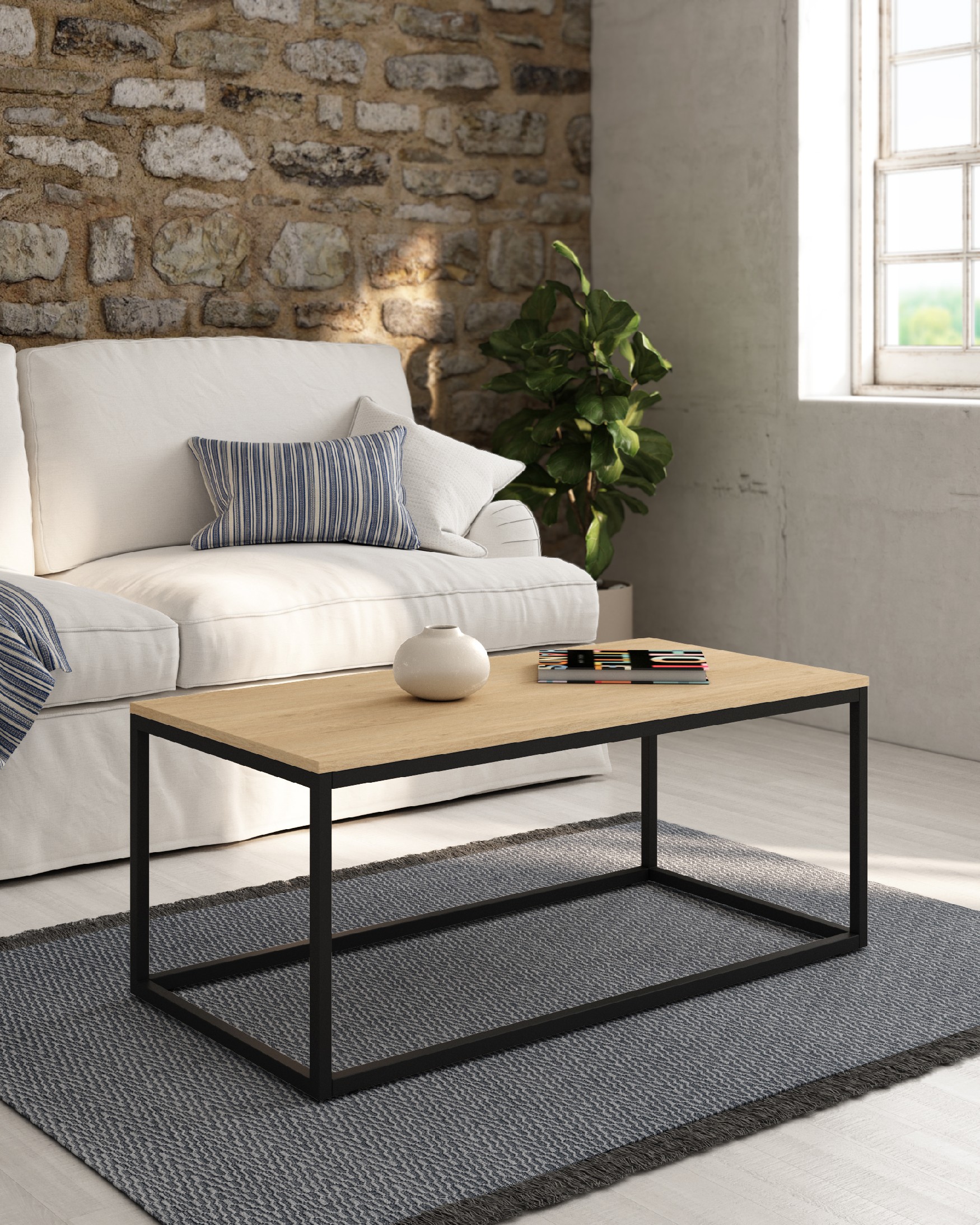 Pacífico side table with natural oak melamine top and black metal leg 100 x 50 cm