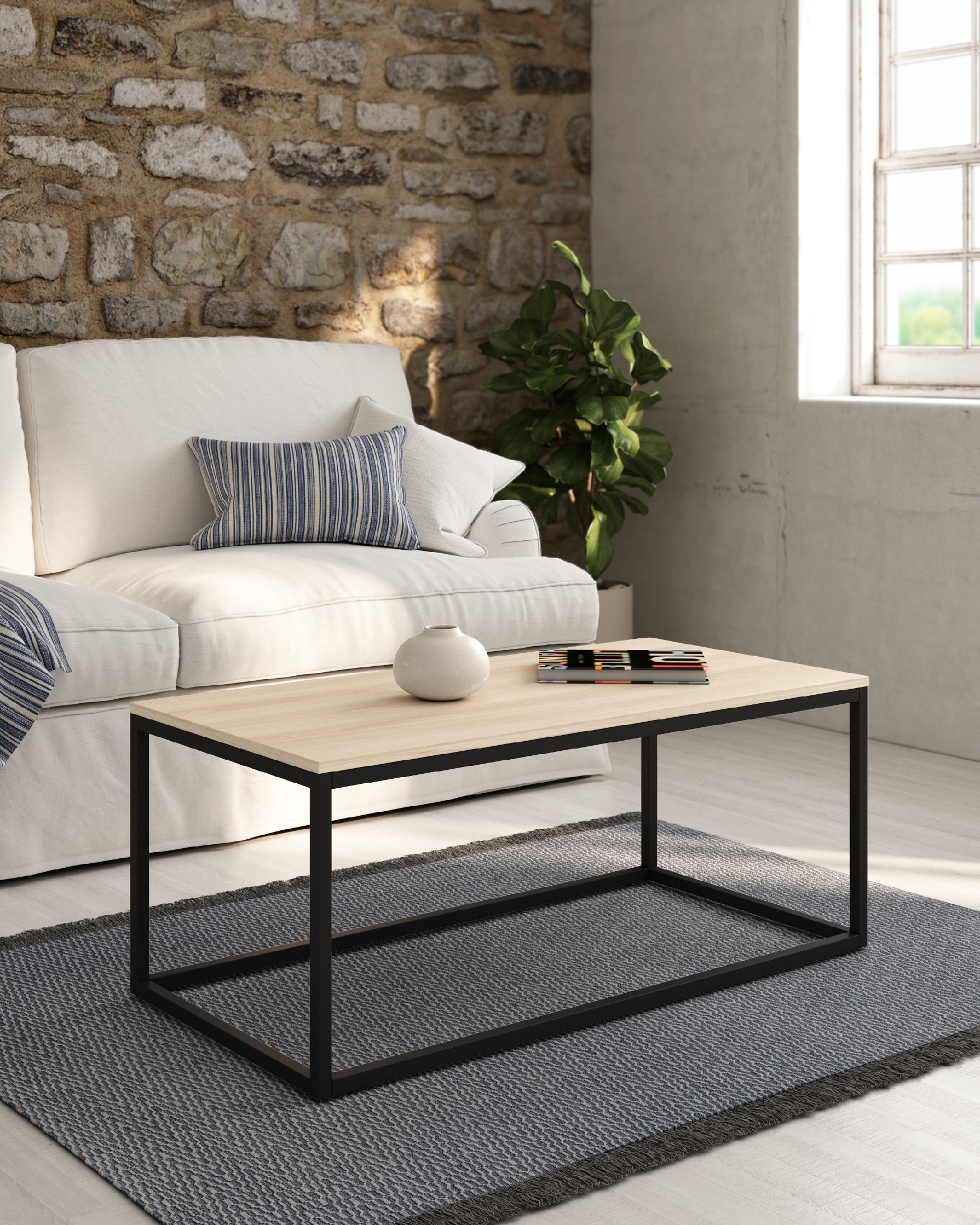 Pacífico side table with melamine elm top and black metal leg 100 x 50 cm