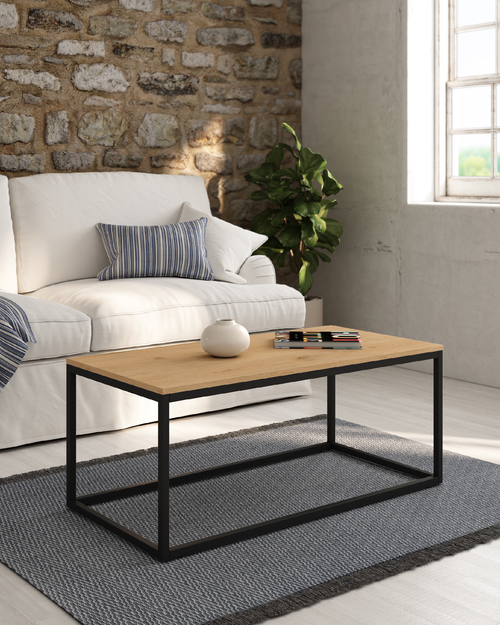 Table d'appoint Pacífico avec plateau en mélamine chêne et pied métallique noir 100 x 50 cm