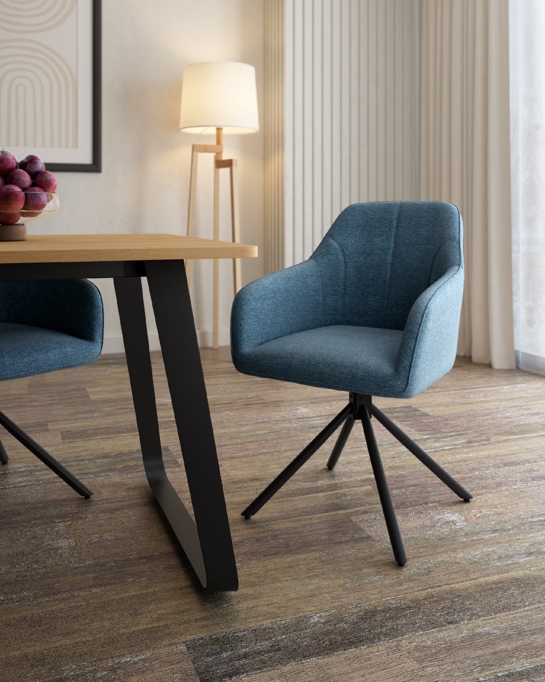 Palermo chair with blue upholstery and black metal legs, 180° swivel