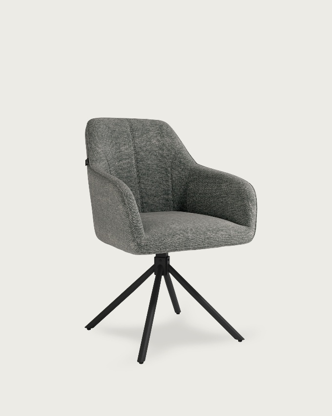 Silla Palermo con tapizado gris y patas metálicas negras, giratoria 180°