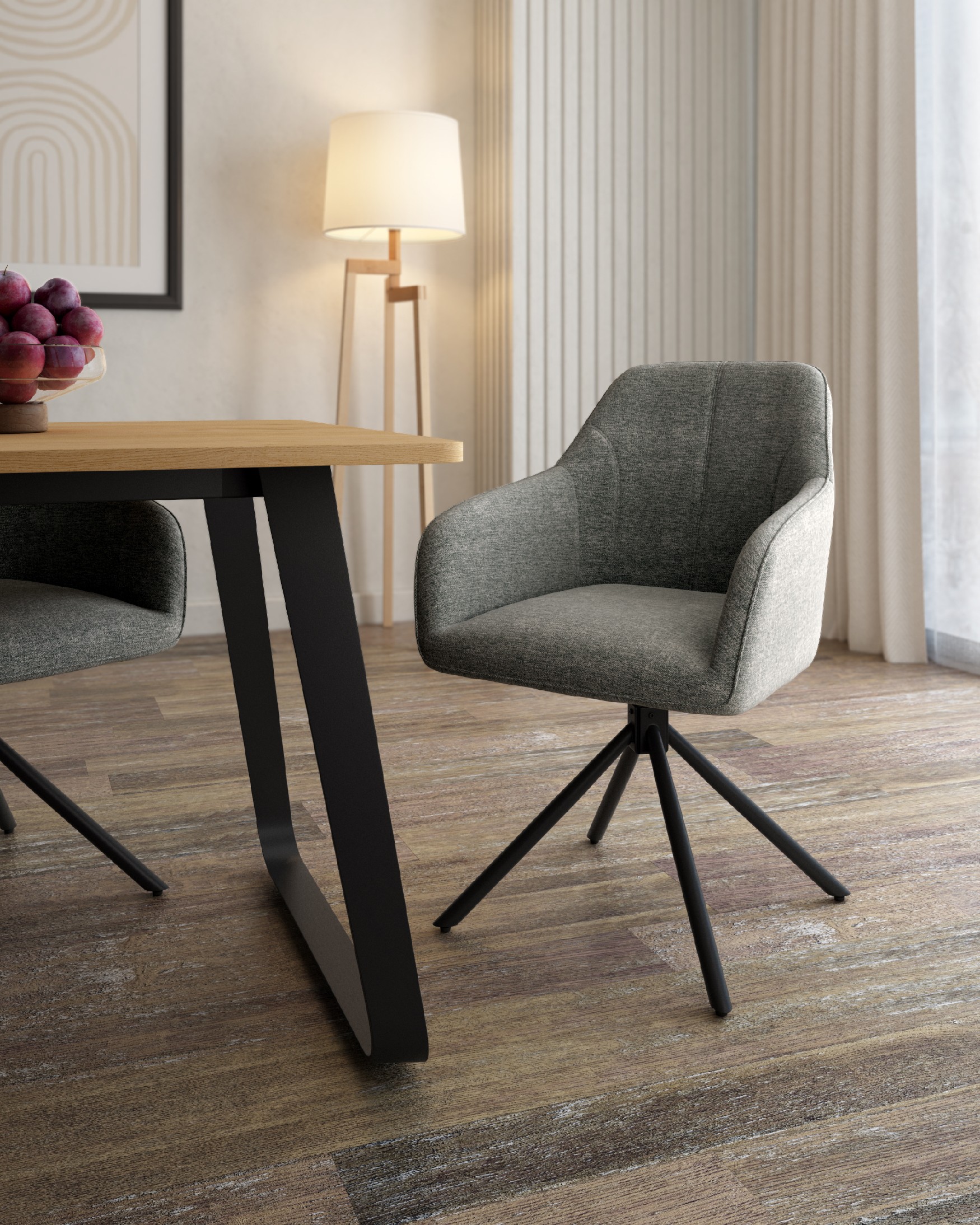 Palermo chair with gray upholstery and black metal legs, 180° swivel