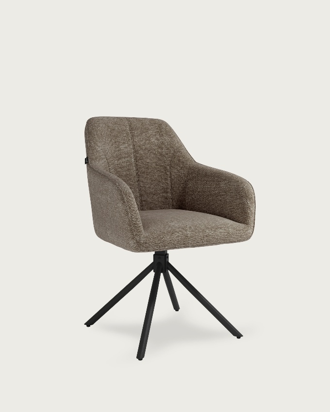 Silla Palermo con tapizado marrón y patas metálicas negras, giratoria 180°