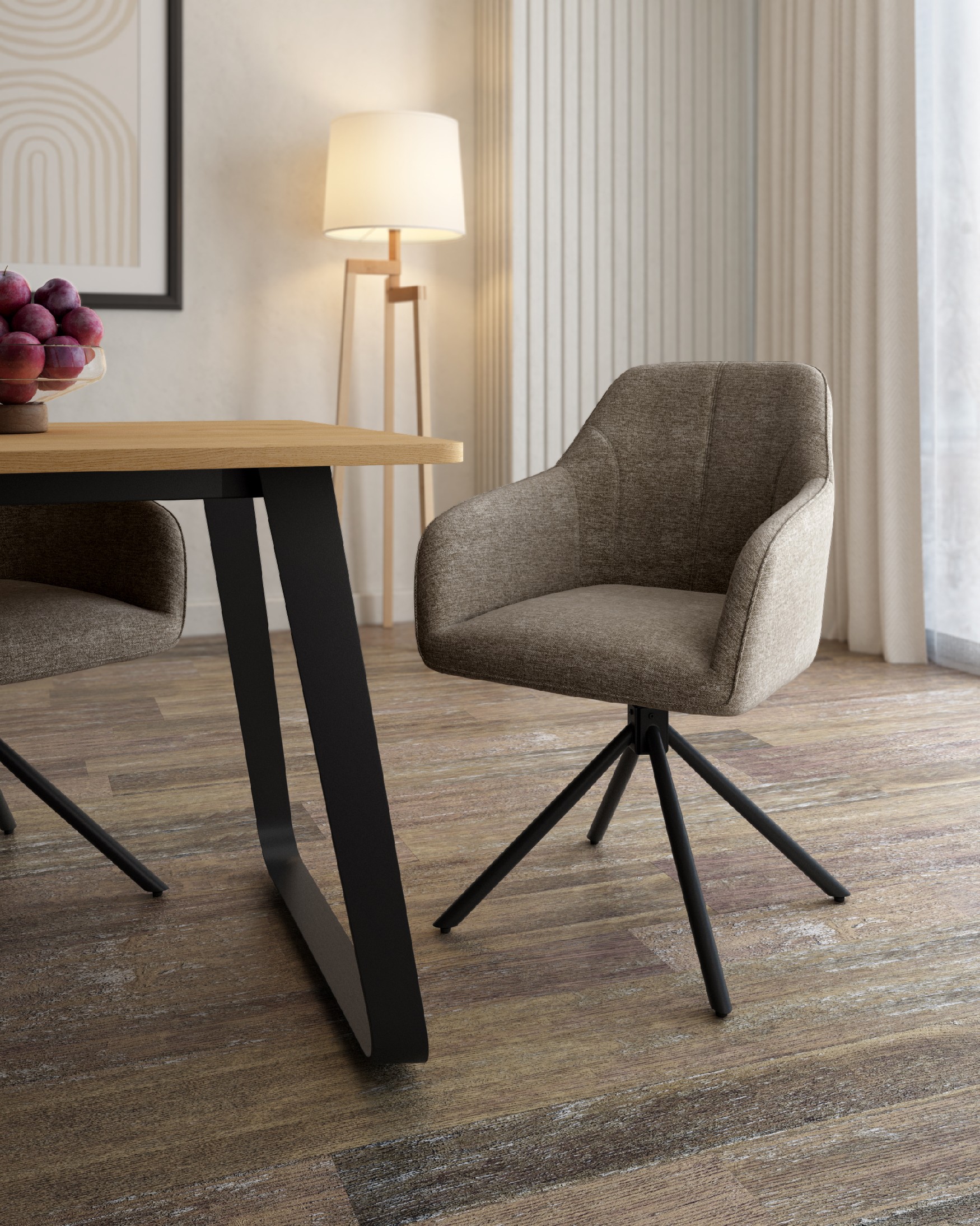 Palermo chair with brown upholstery and black metal legs, 180° swivel