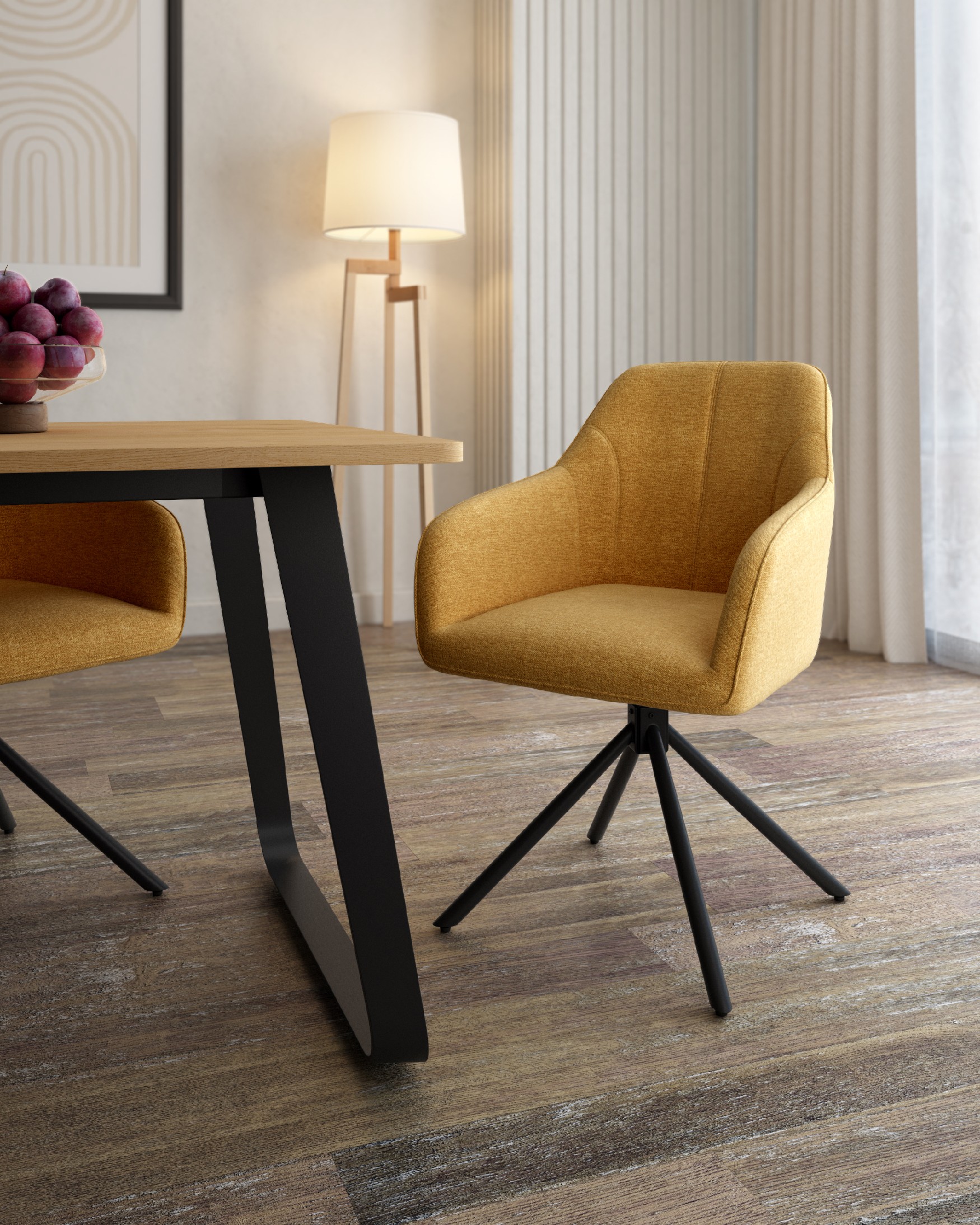 Palermo chair with mustard upholstery and black metal legs, 180° swivel