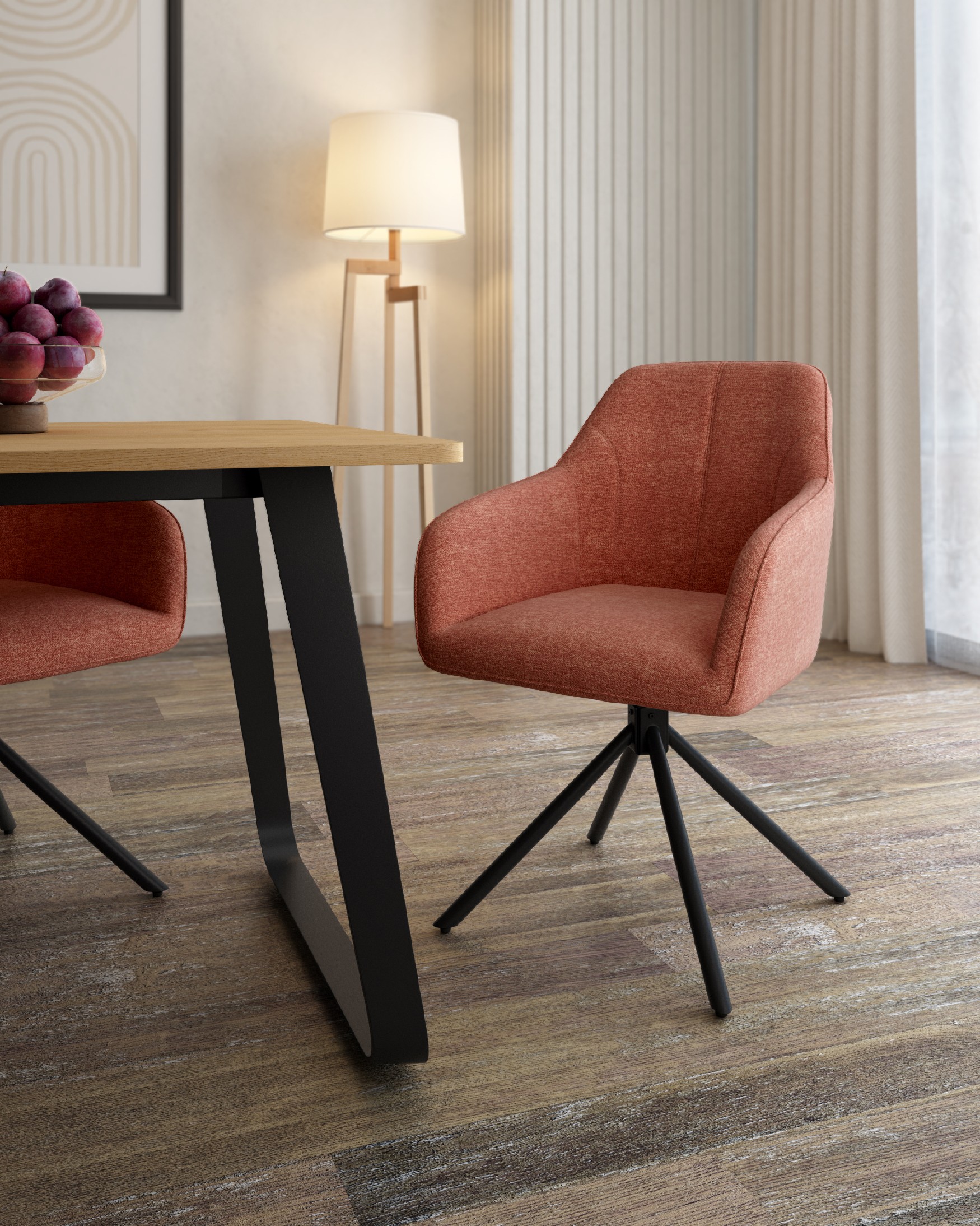 Silla Palermo con tapizado salmón y patas metálicas negras, giratoria 180°