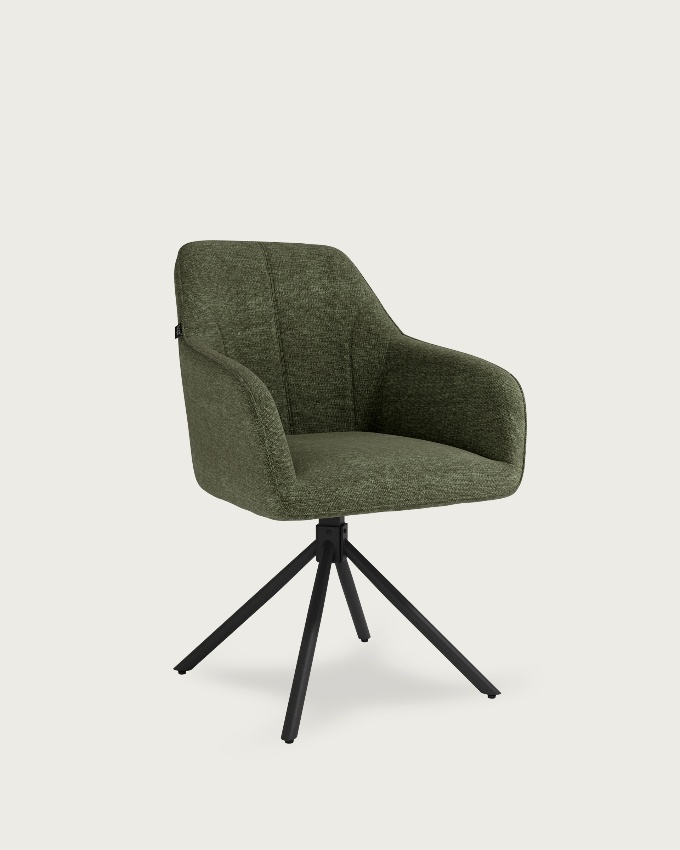 Silla Palermo con tapizado verde y patas metálicas negras, giratoria 180°