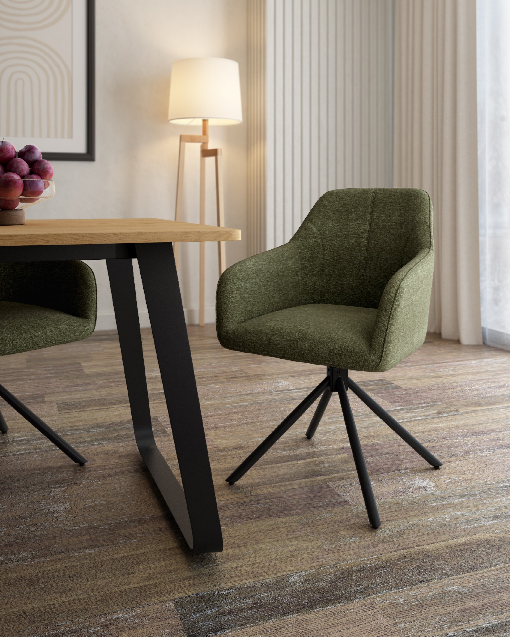 Palermo chair with green upholstery and black metal legs, 180° swivel