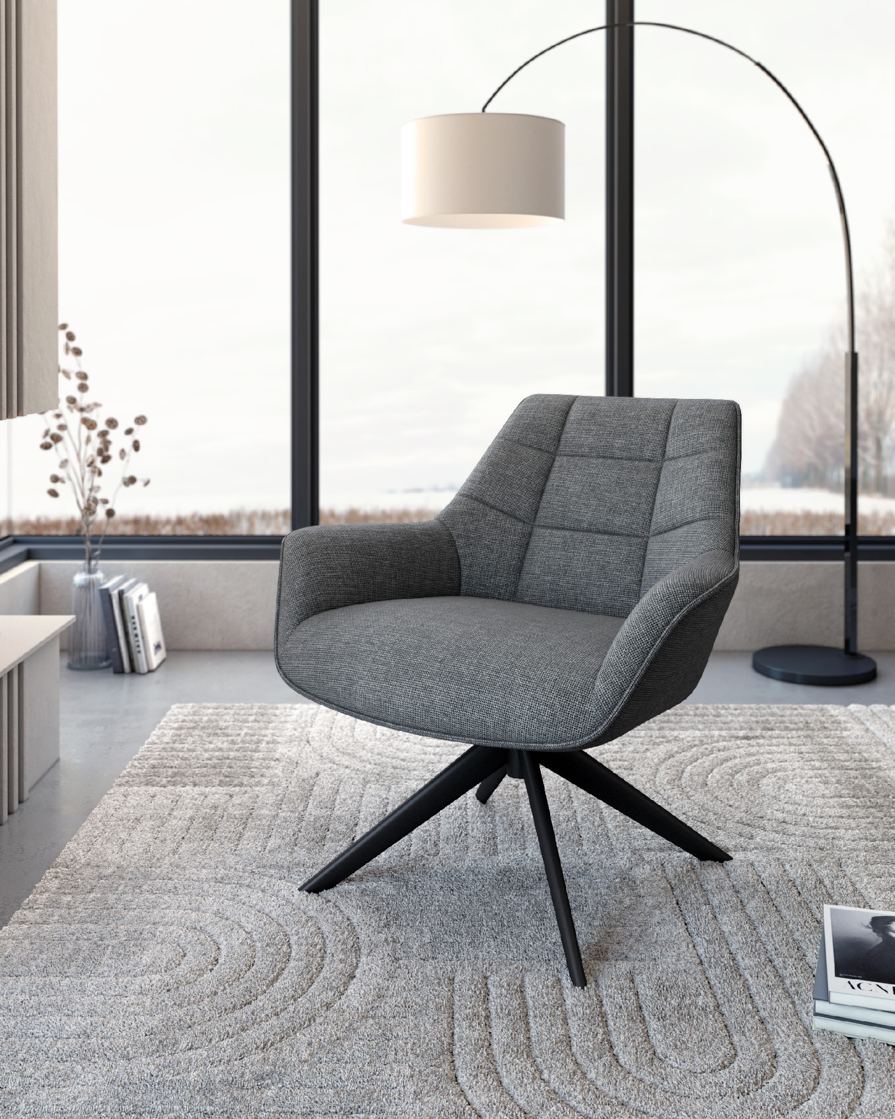 Peony armchair with gray upholstery and black metal legs