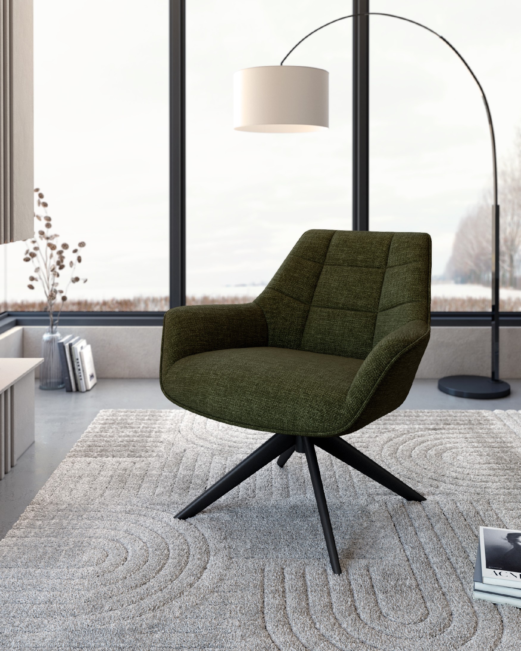 Fauteuil Peonia avec un revêtement vert et des pieds en métal noir