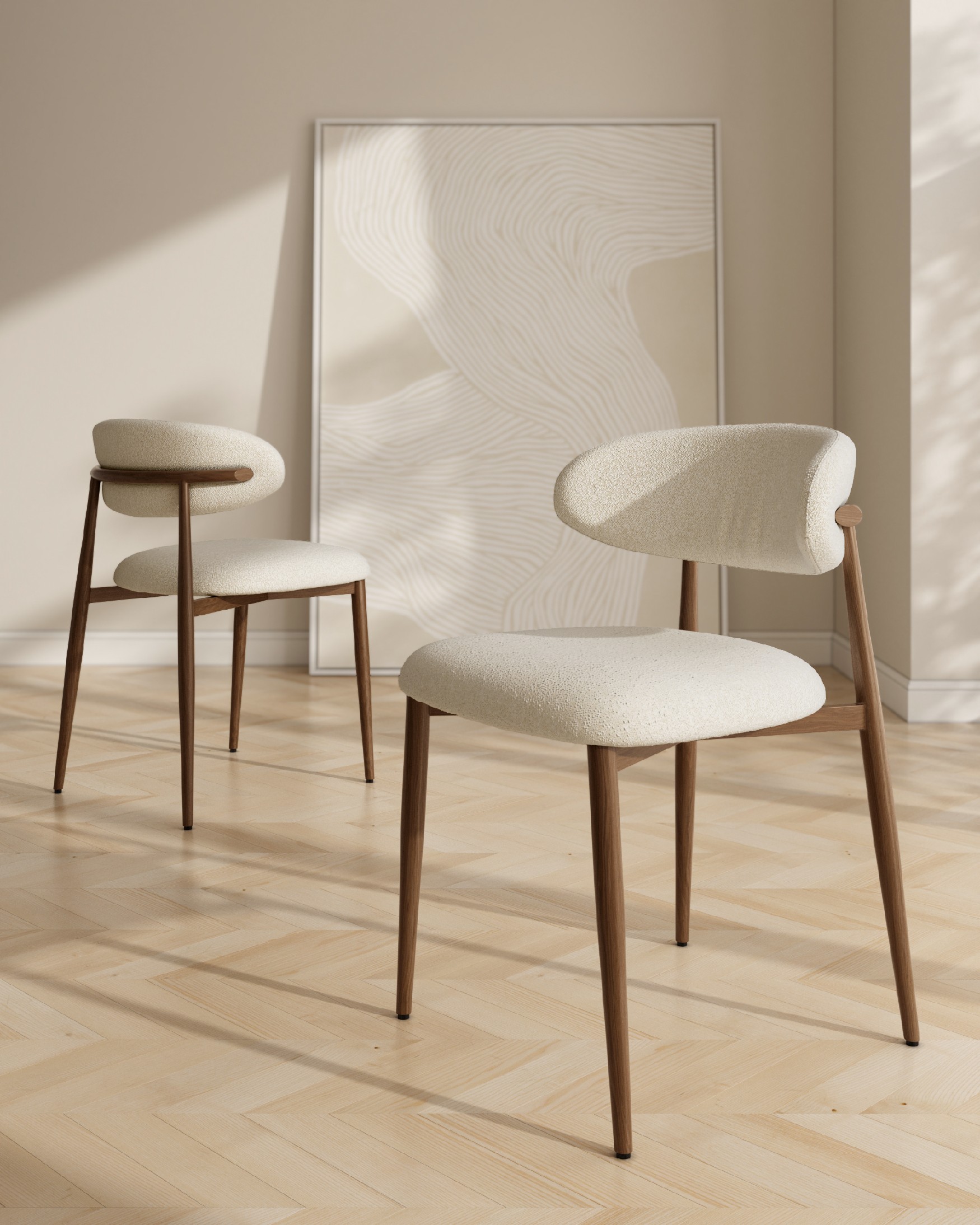 Pereira chair with ivory upholstery and metal structure with wood finish