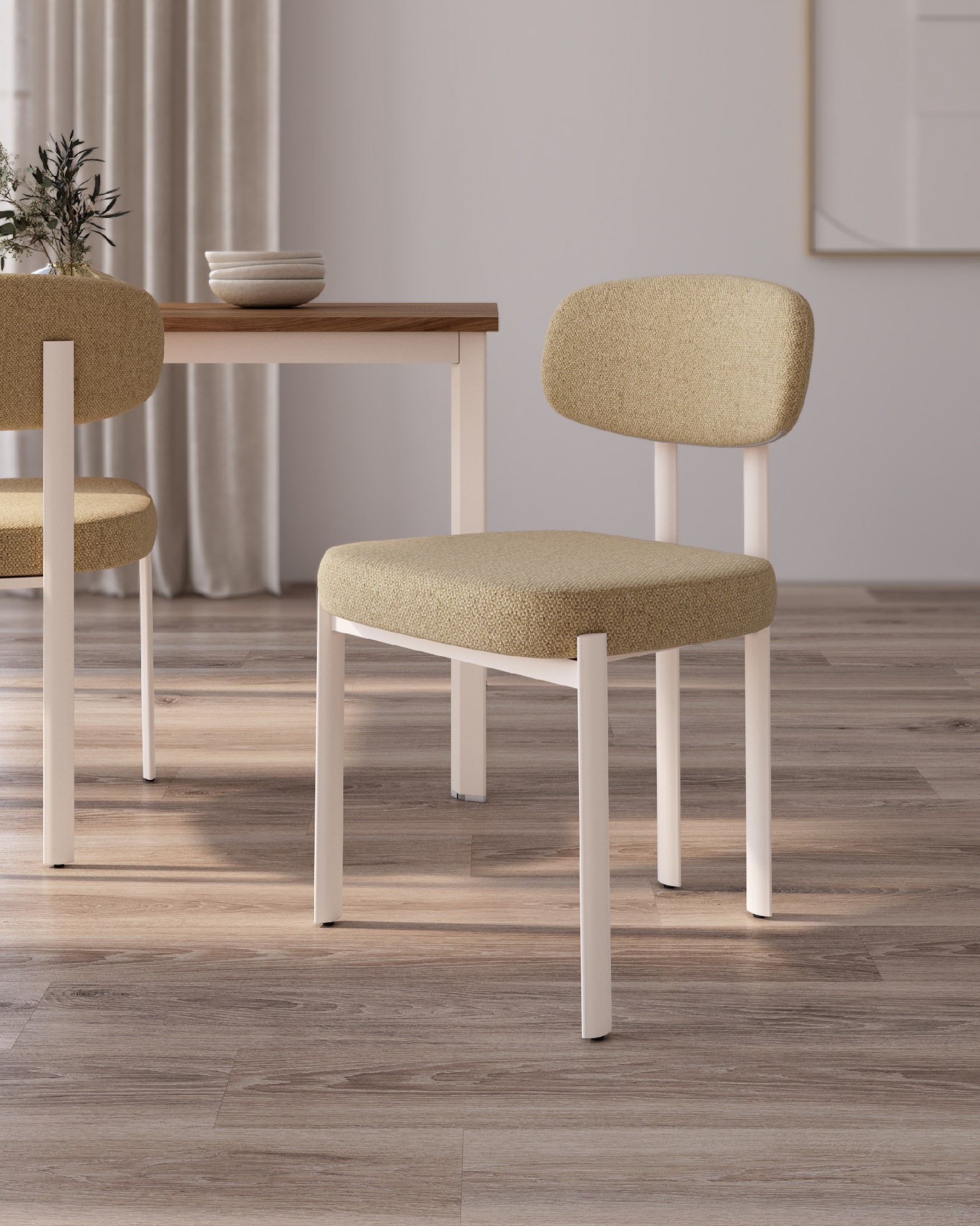 Pretoria chair with mustard upholstery and ivory metal legs