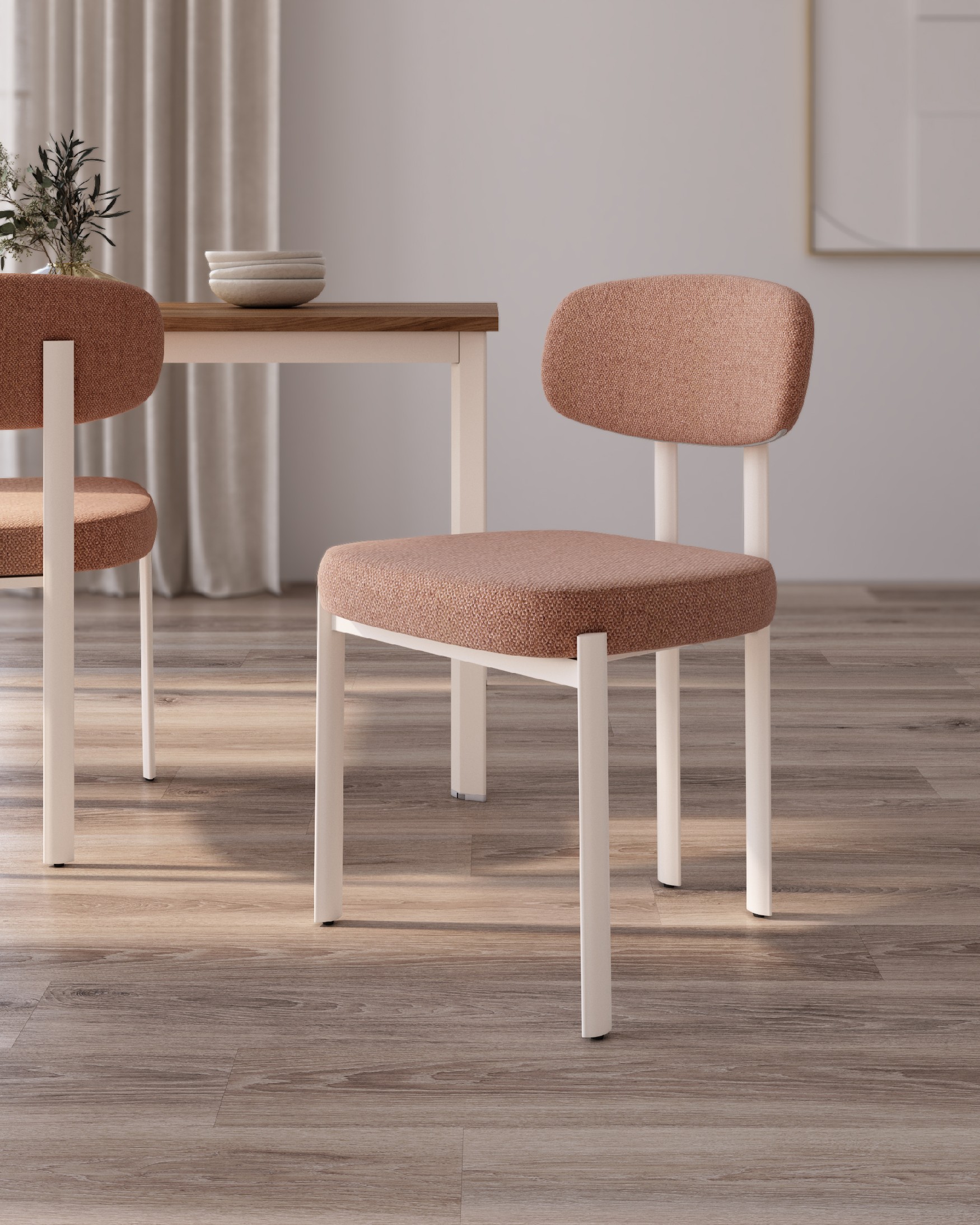 Pretoria chair with salmon upholstery and ivory metal legs