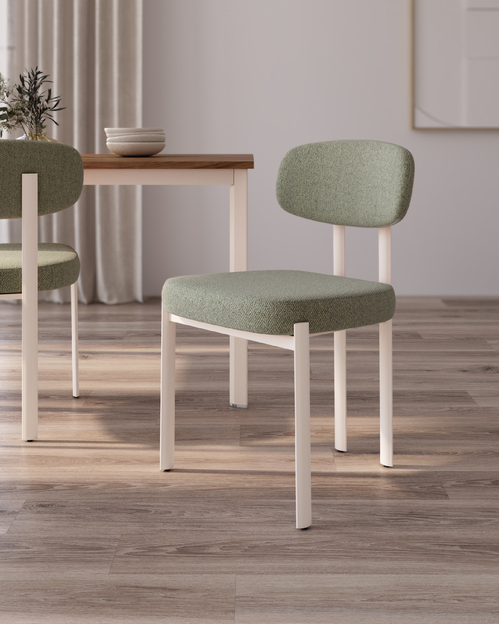 Pretoria chair with green upholstery and ivory metal legs