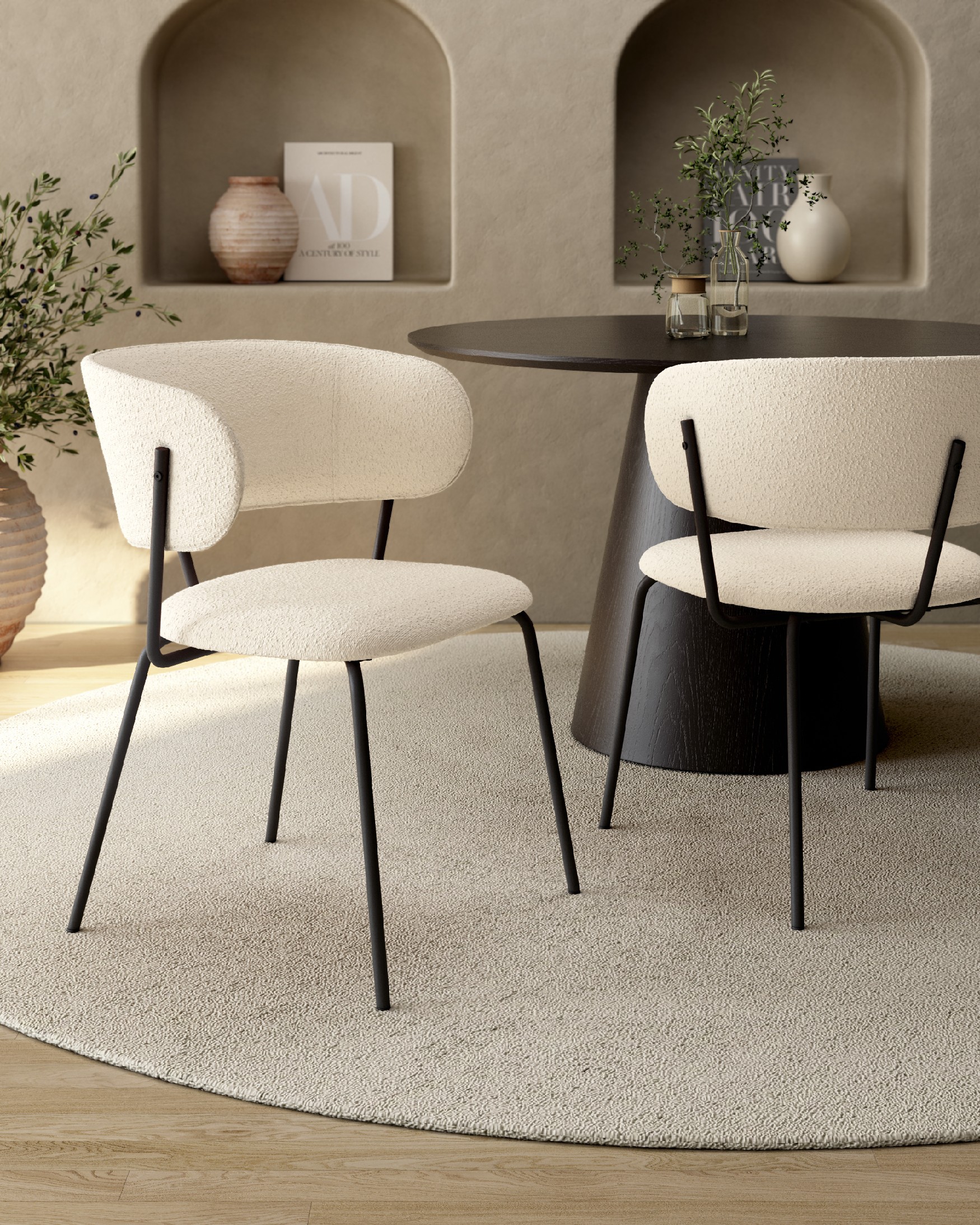 Quebec chair with off-white upholstery and black metal legs