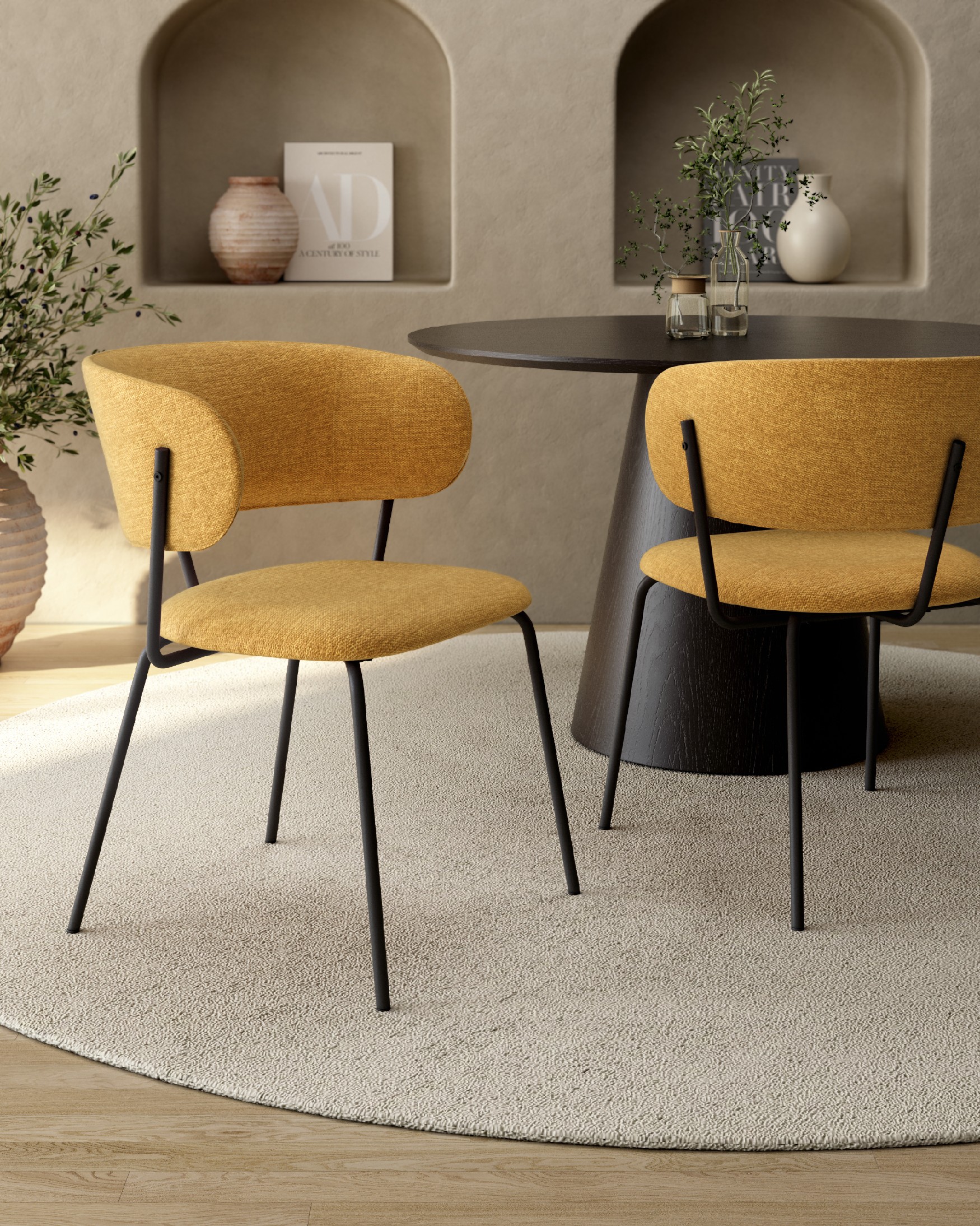 Quebec chair with mustard upholstery and black metal legs