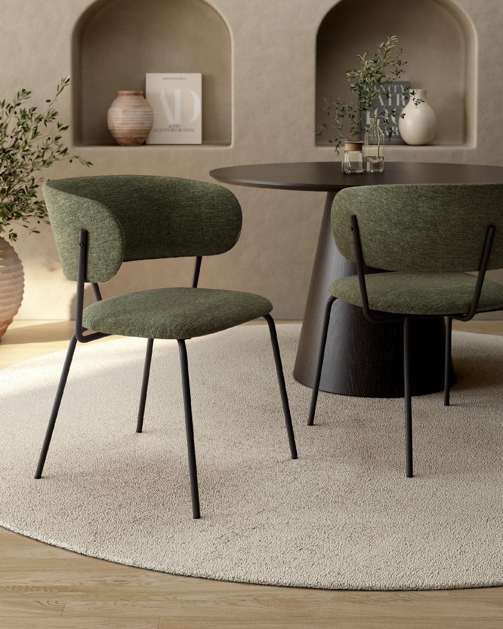 Silla Quebec con tapizado verde y patas metálicas negras