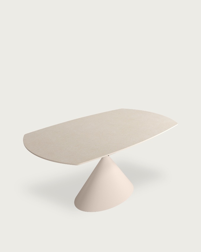 Oval extendable Rin table with sand porcelain finish and ivory metal leg 160/240 x 90 cm