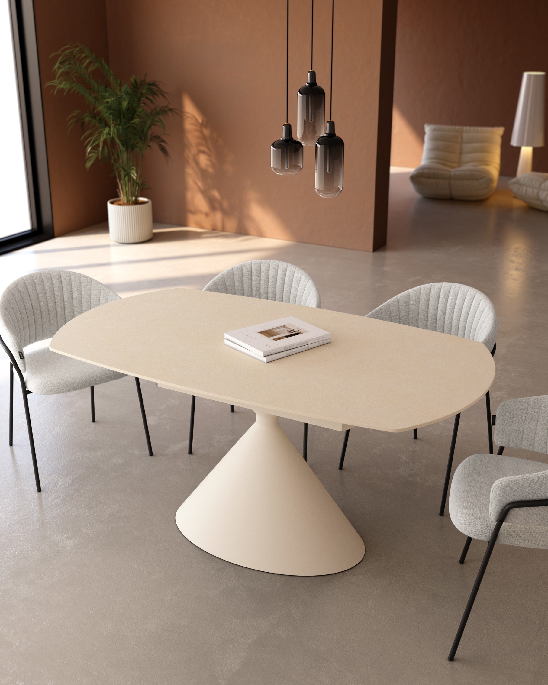 Oval extendable Rin table with sand porcelain finish and ivory metal leg 160/240 x 90 cm