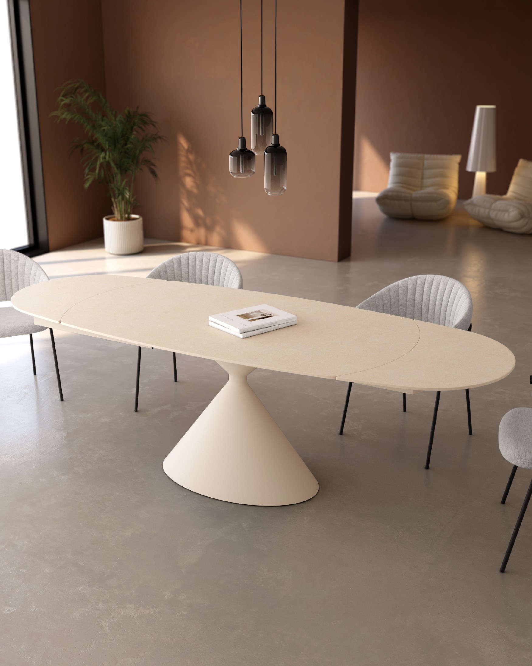 Oval extendable Rin table with sand porcelain finish and ivory metal leg 160/240 x 90 cm