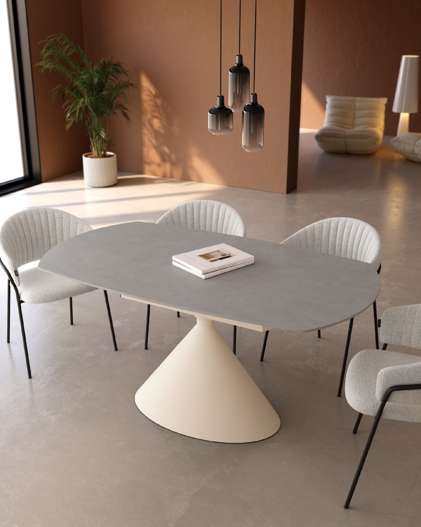 Oval extendable Rin table with porland porcelain finish and ivory metal leg 160/240 x 90 cm