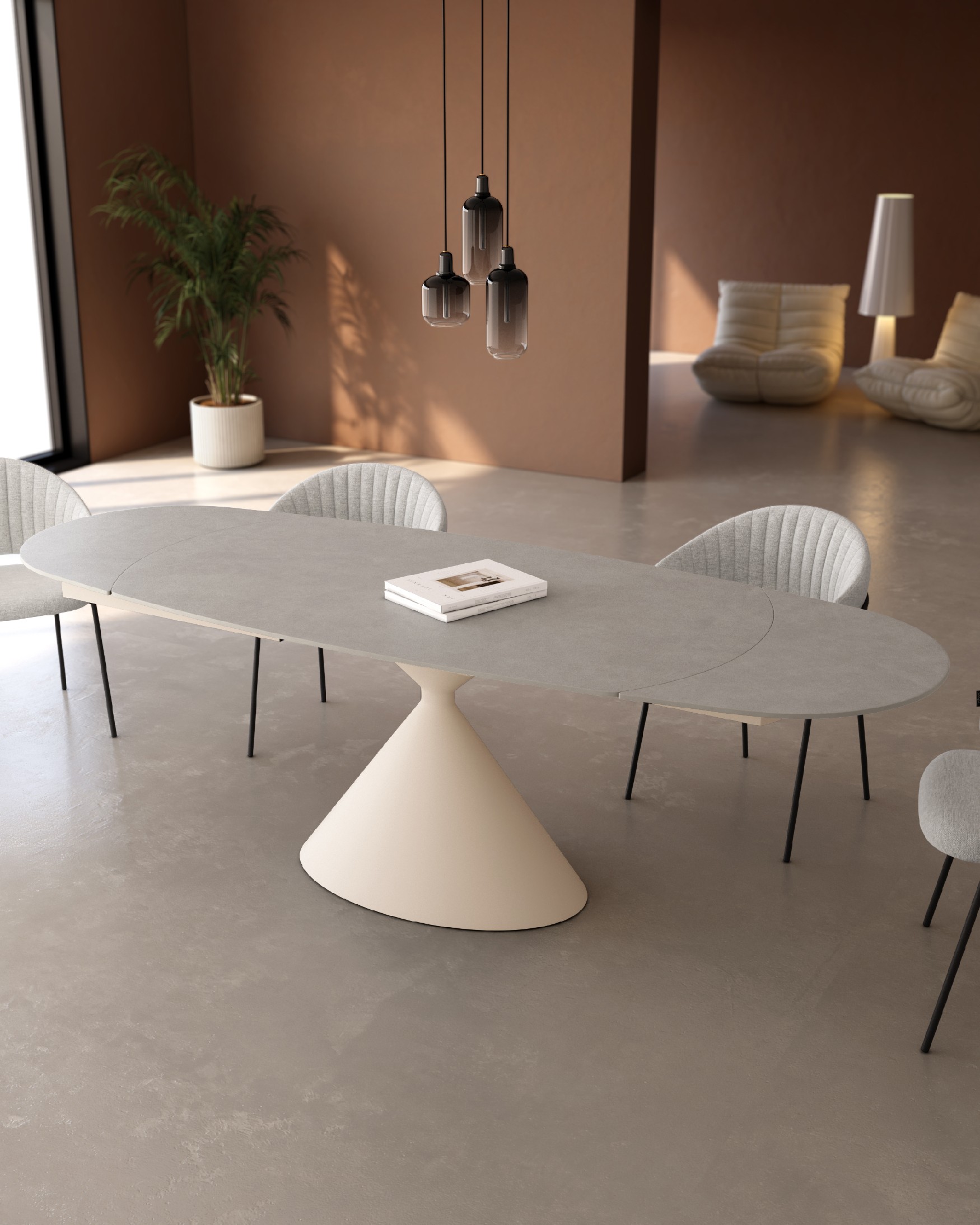Oval extendable Rin table with porland porcelain finish and ivory metal leg 160/240 x 90 cm