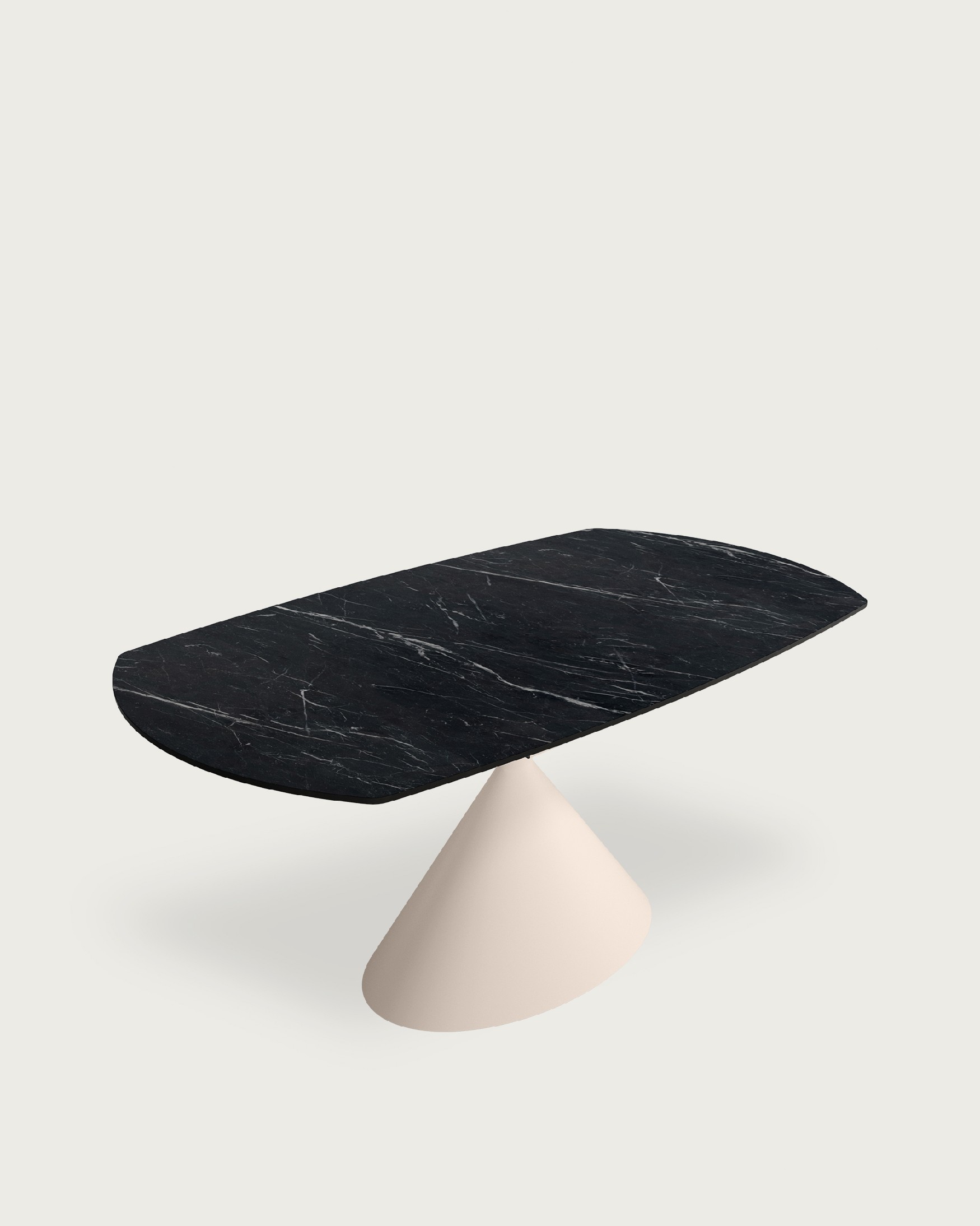 Mesa Rin ovalada extensible con acabado porcelánico marquina y pata metálica marfil 160/240 x 90 cm