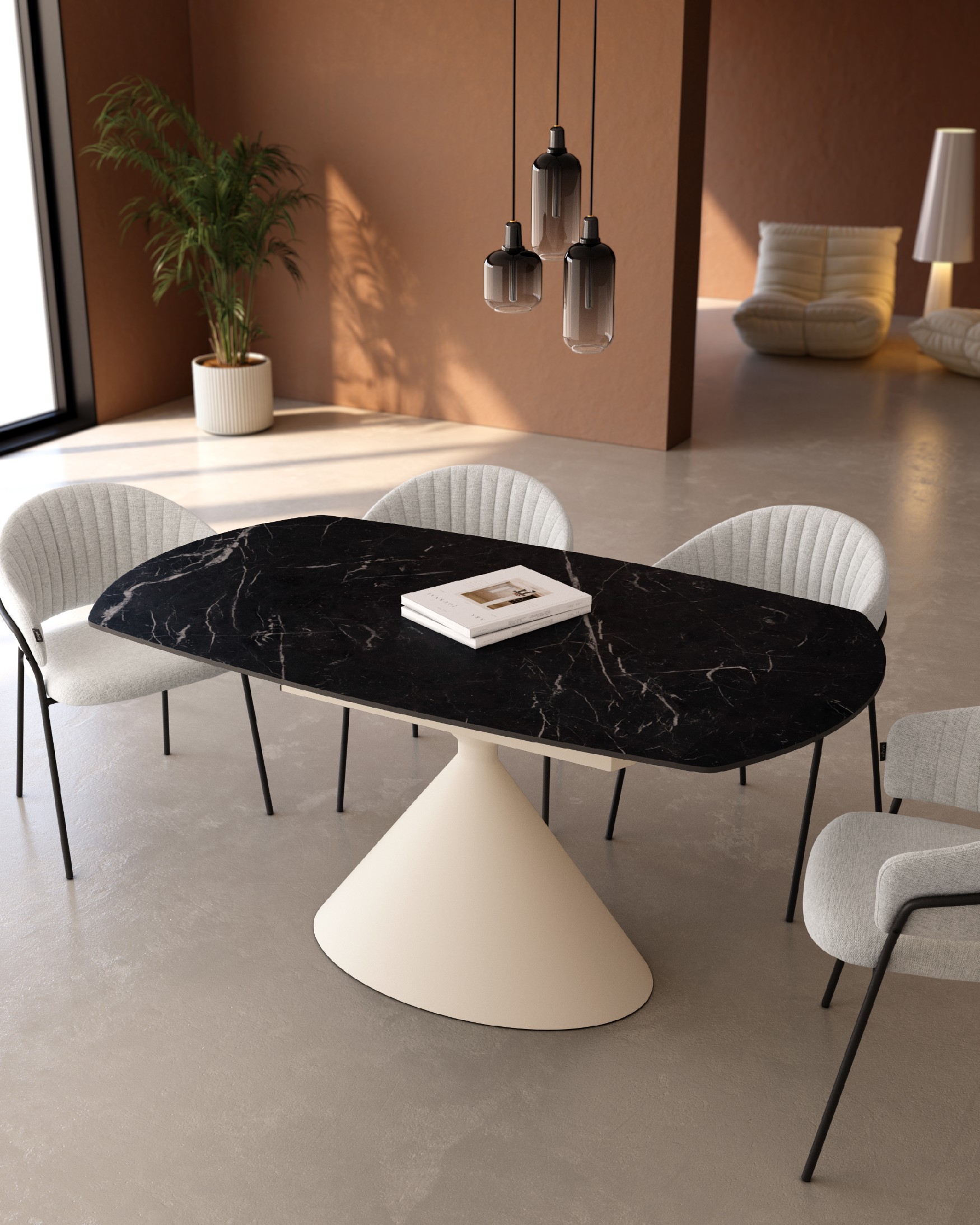 Mesa Rin ovalada extensible con acabado porcelánico marquina y pata metálica marfil 160/240 x 90 cm