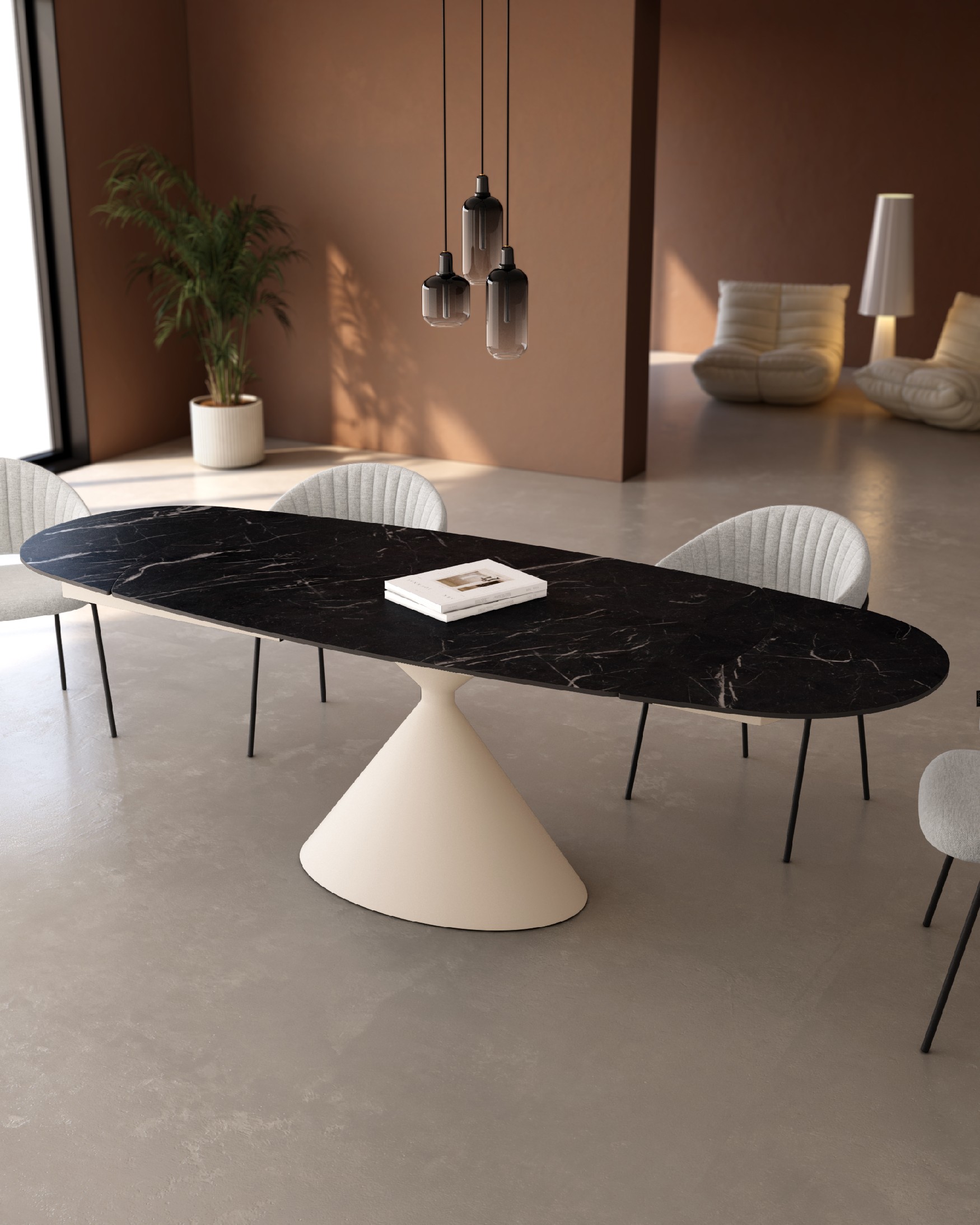 Mesa Rin ovalada extensible con acabado porcelánico marquina y pata metálica marfil 160/240 x 90 cm