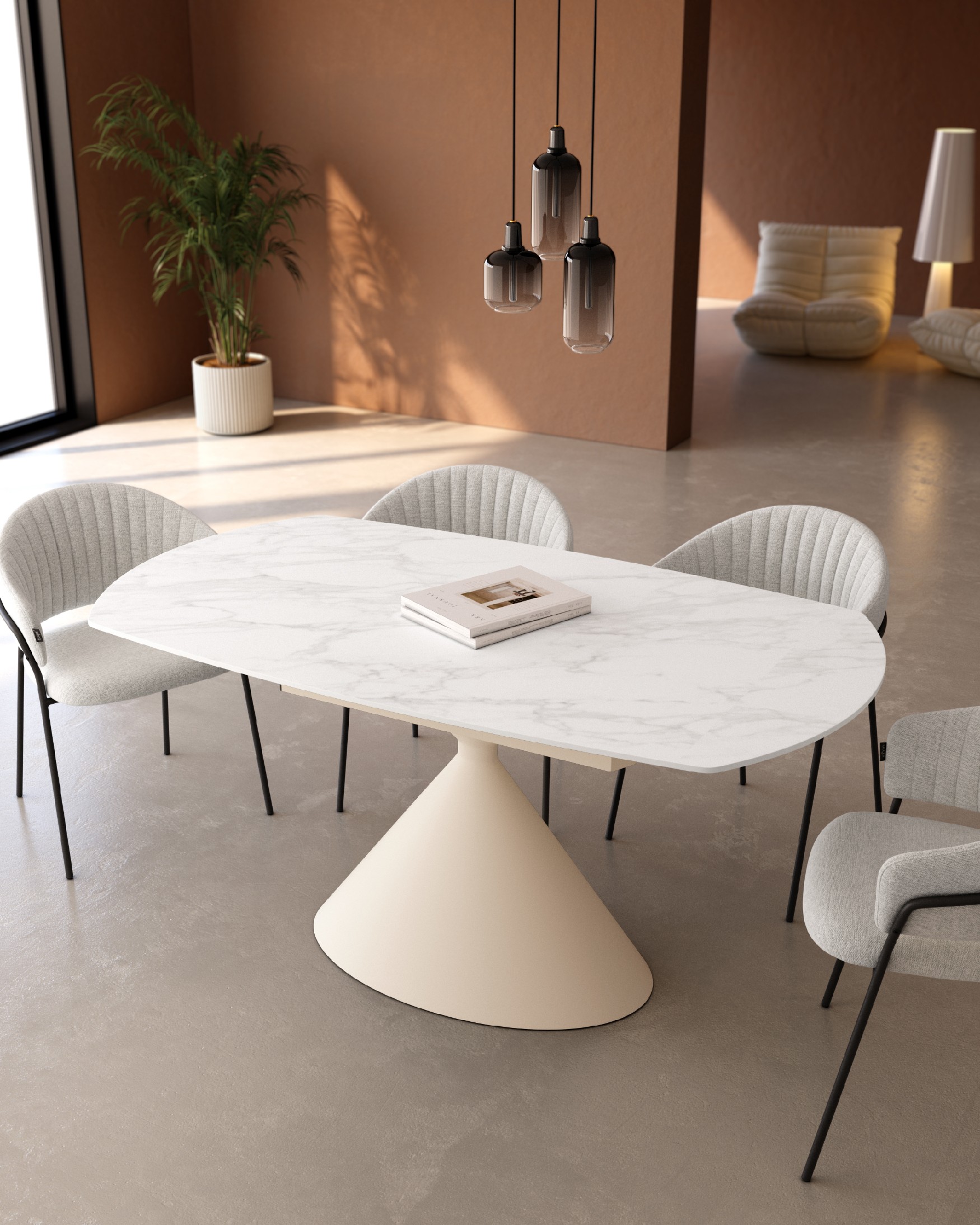 Oval extendable Rin table with carrara porcelain finish and ivory metal leg 160/240 x 90 cm
