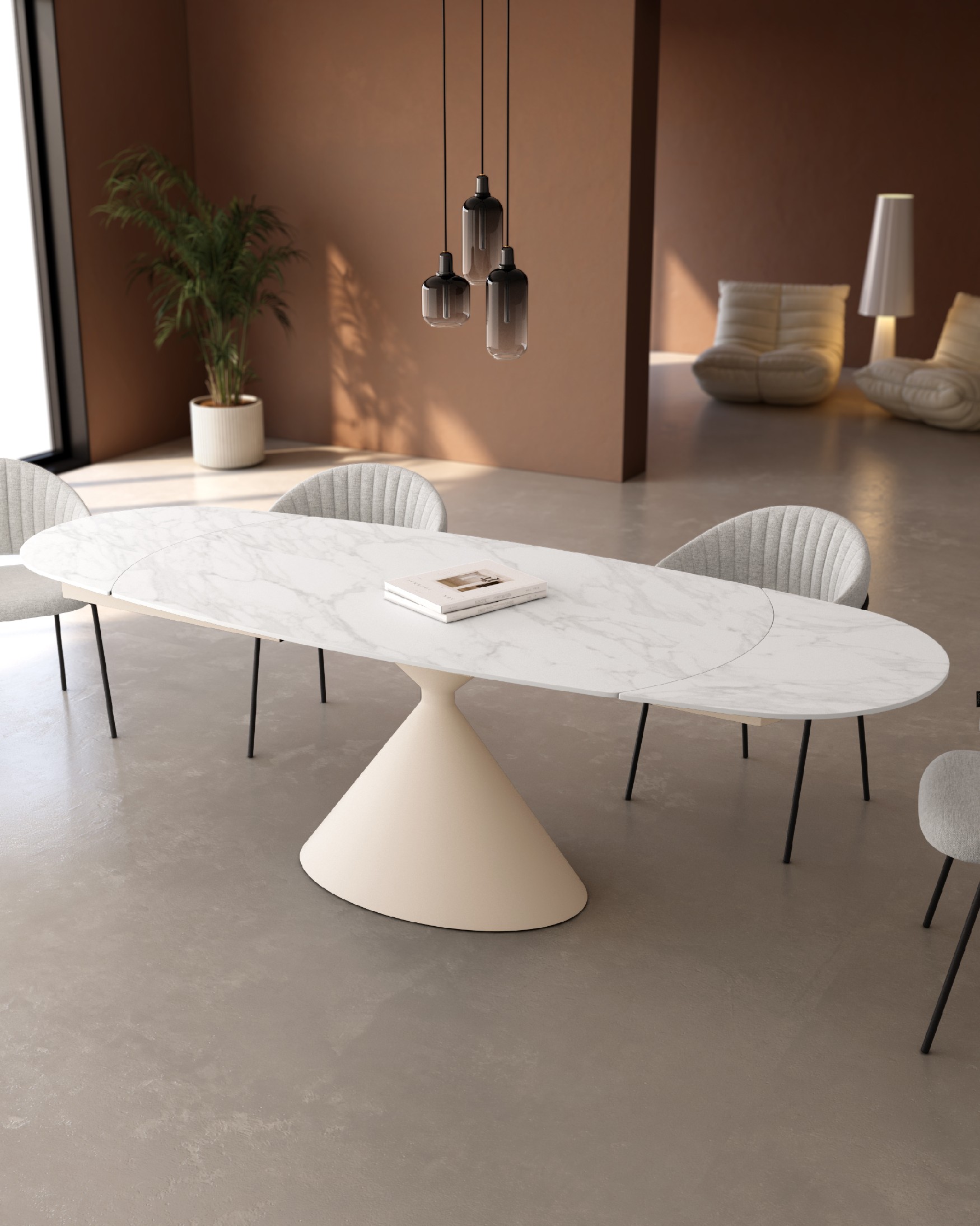 Oval extendable Rin table with carrara porcelain finish and ivory metal leg 160/240 x 90 cm