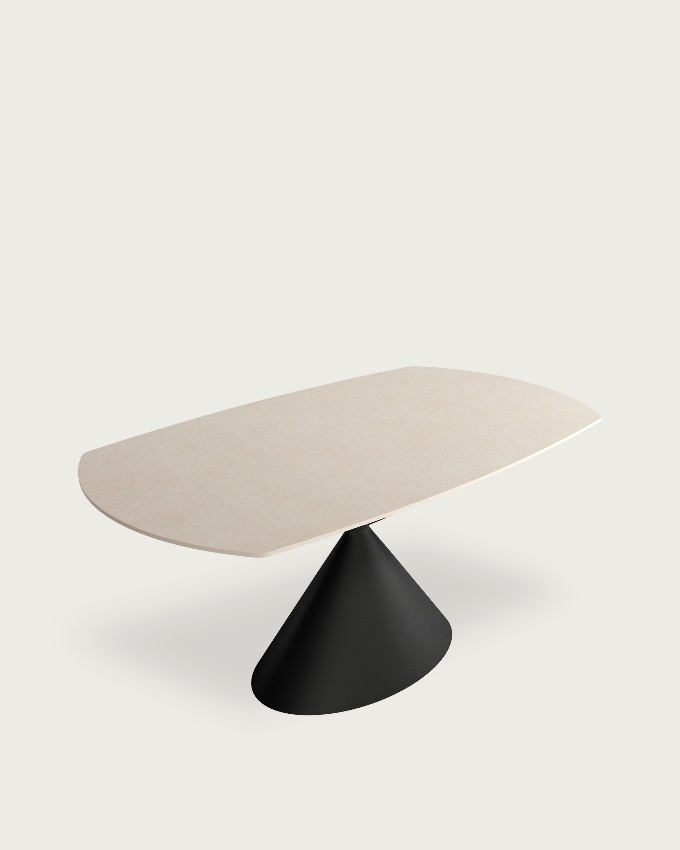 Oval extendable Rin table with sand porcelain finish and black metal leg 160/240 x 90 cm