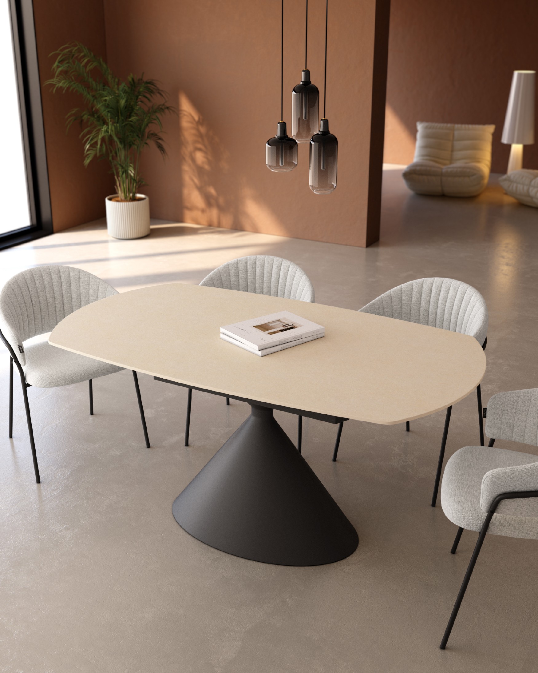 Oval extendable Rin table with sand porcelain finish and black metal leg 160/240 x 90 cm