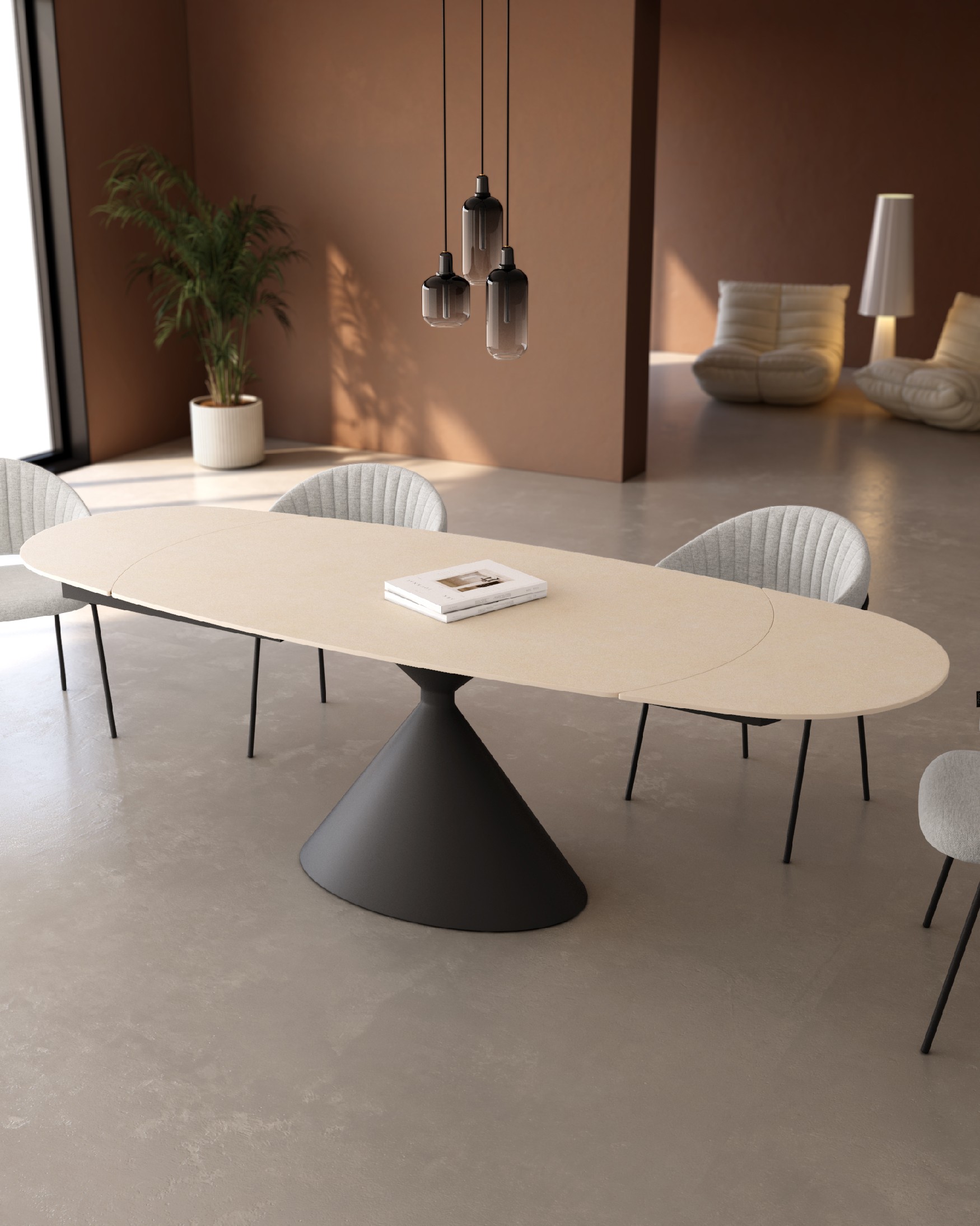 Oval extendable Rin table with sand porcelain finish and black metal leg 160/240 x 90 cm