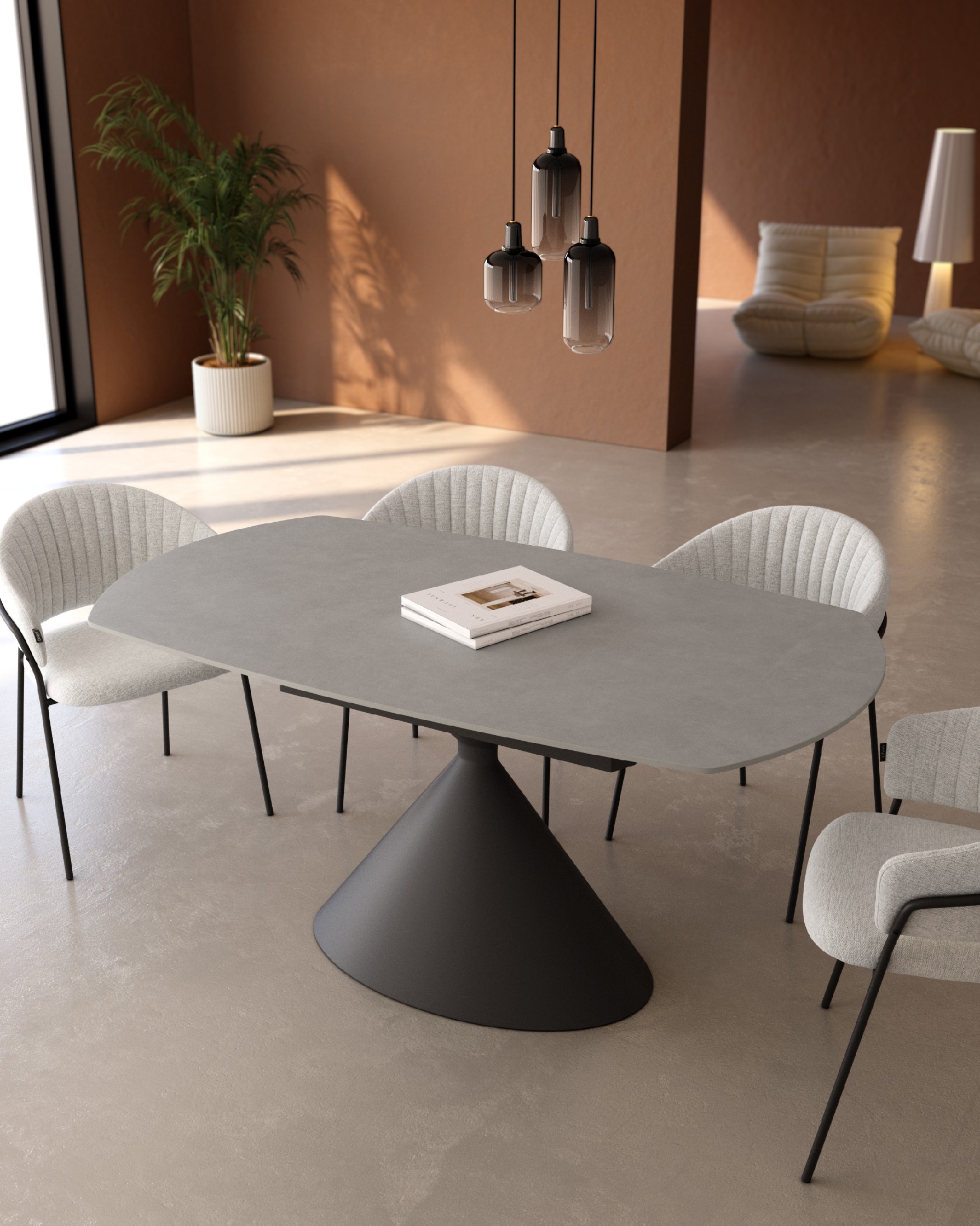 Table Rin ovale extensible avec finition porcelaine porland et pied métallique noir 160/240 x 90 cm