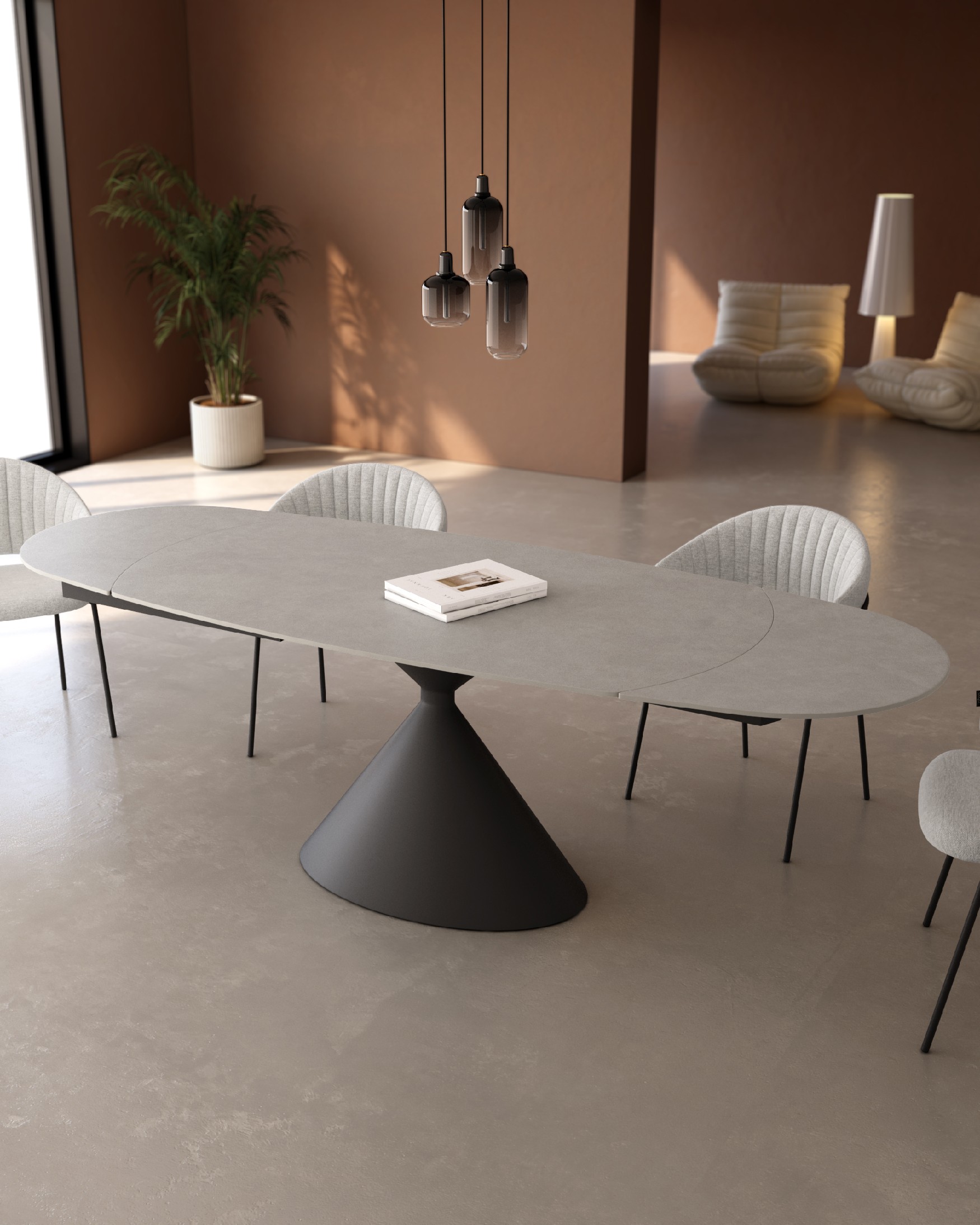 Table Rin ovale extensible avec finition porcelaine porland et pied métallique noir 160/240 x 90 cm