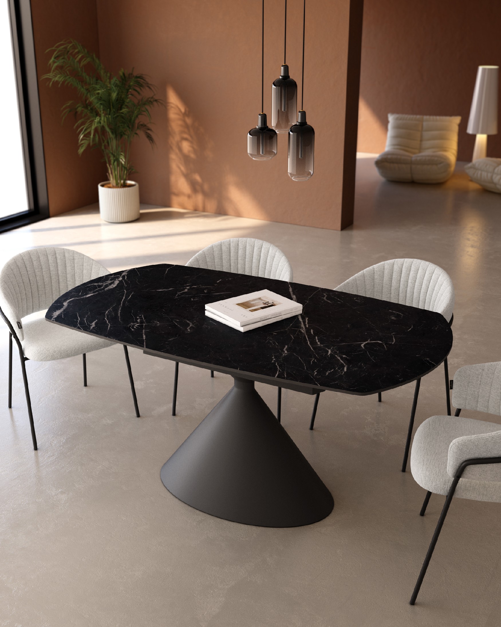 Oval extendable Rin table with marquina porcelain finish and black metal leg 160/240 x 90 cm