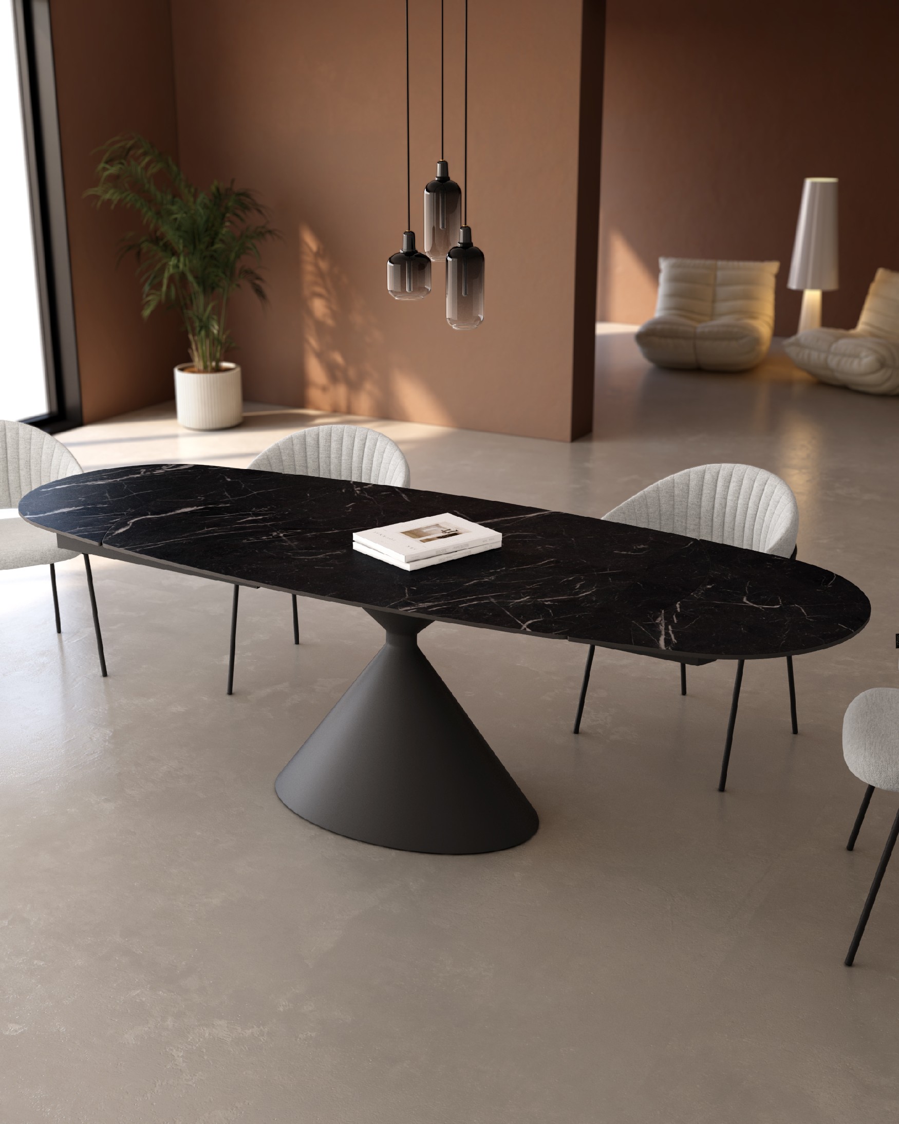 Oval extendable Rin table with marquina porcelain finish and black metal leg 160/240 x 90 cm