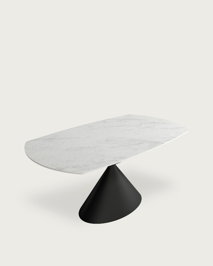 Rin oval extendable table with Carrara porcelain finish and black metal leg 160/240 x 90 cm