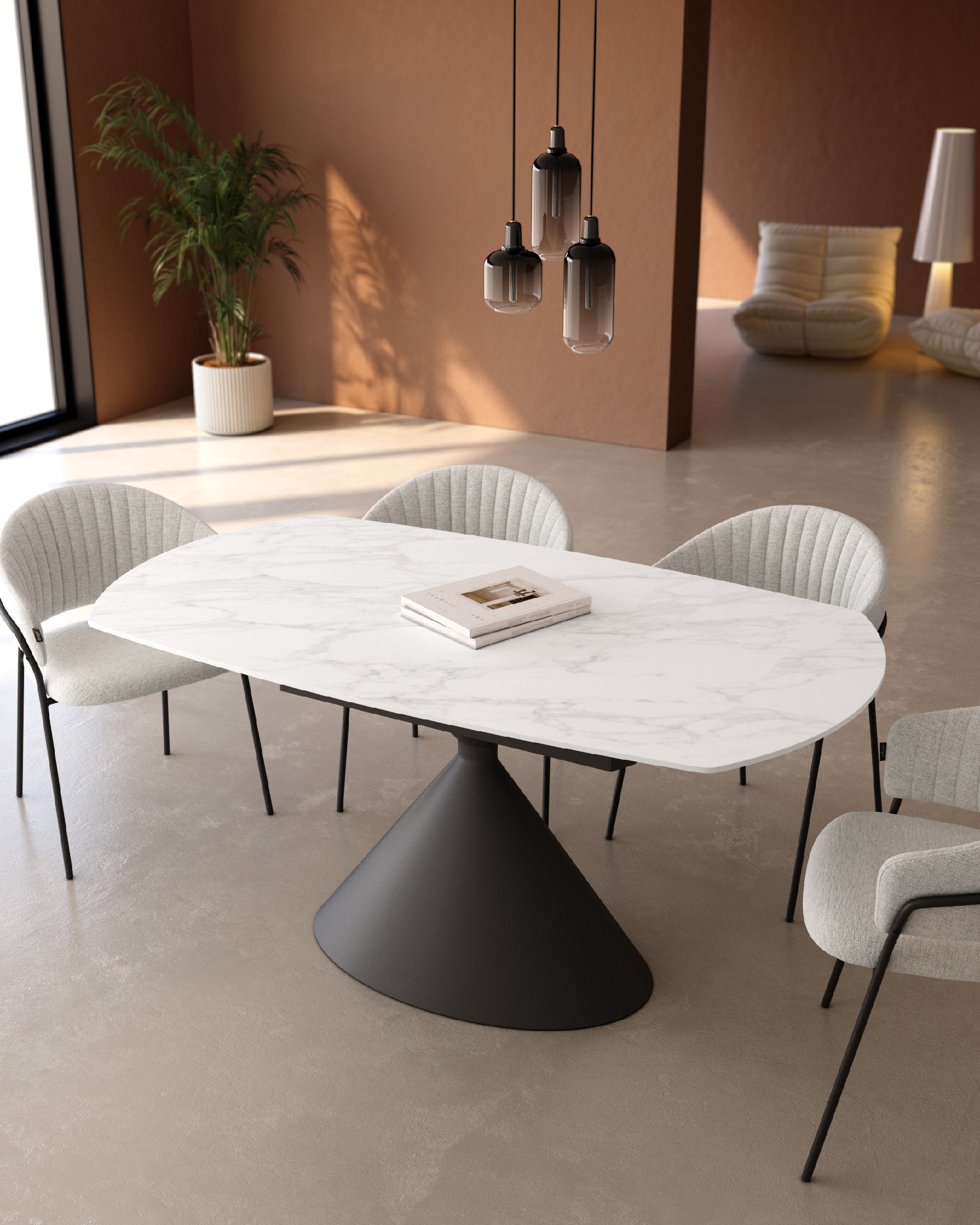 Rin oval extendable table with Carrara porcelain finish and black metal leg 160/240 x 90 cm