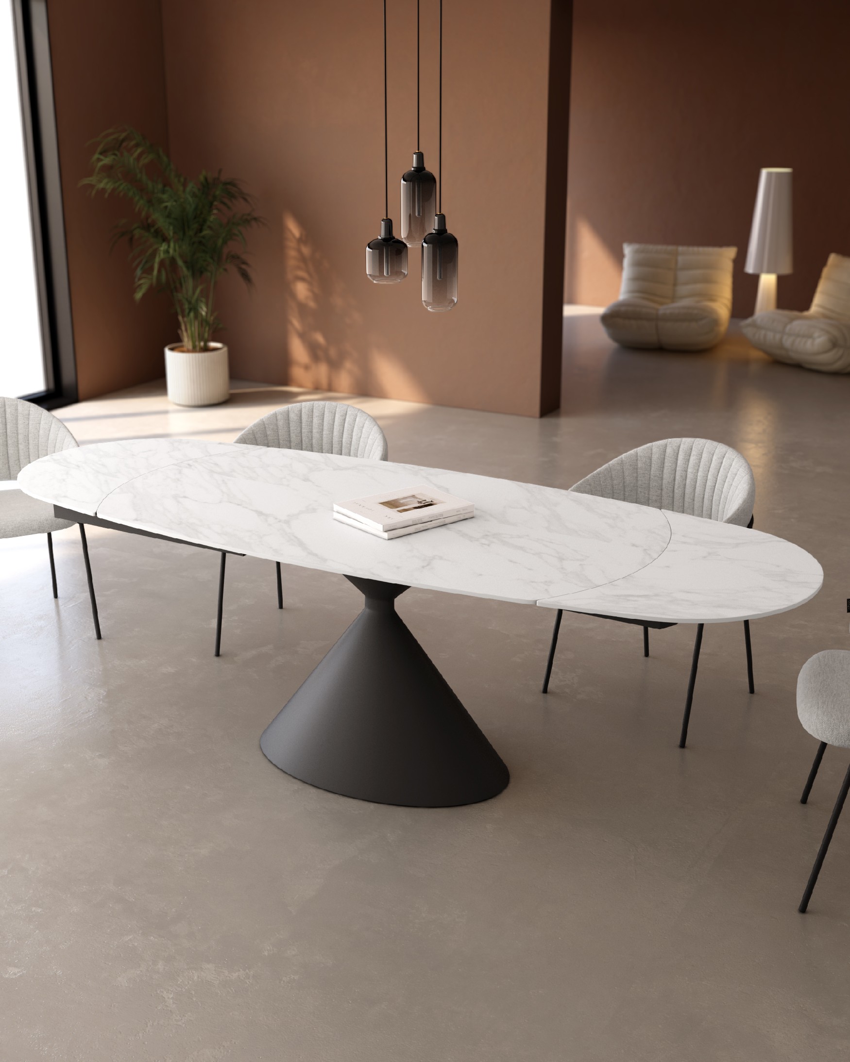 Rin oval extendable table with Carrara porcelain finish and black metal leg 160/240 x 90 cm
