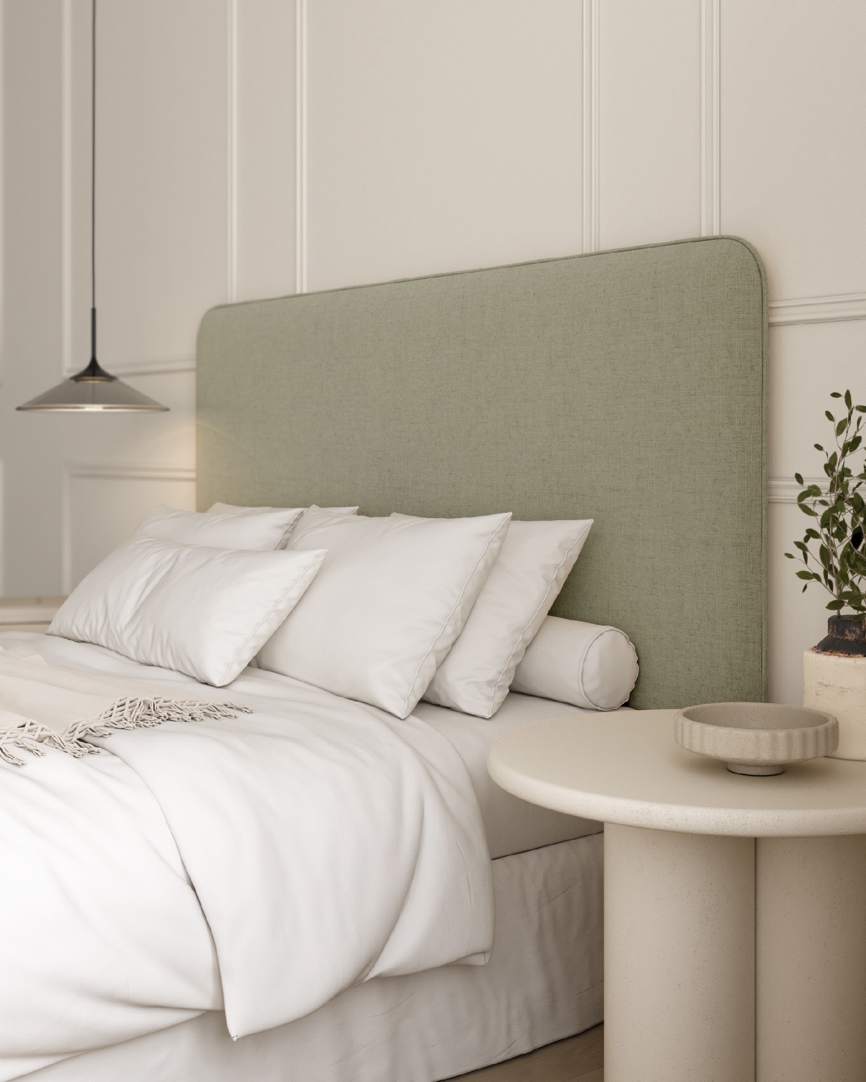 Tête de lit à bords arrondis avec bordon Romeo 108 x 120 cm, tapissée eucalyptus 100% lin