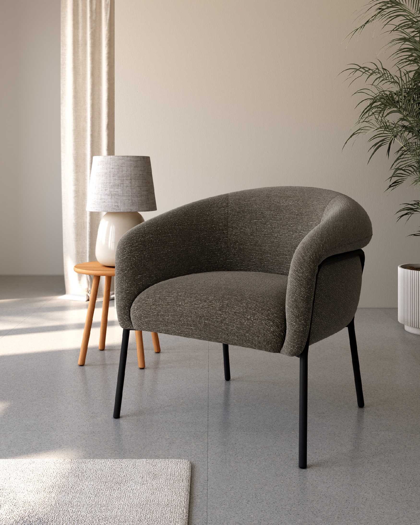 Rose armchair with anthracite upholstery and black metal leg