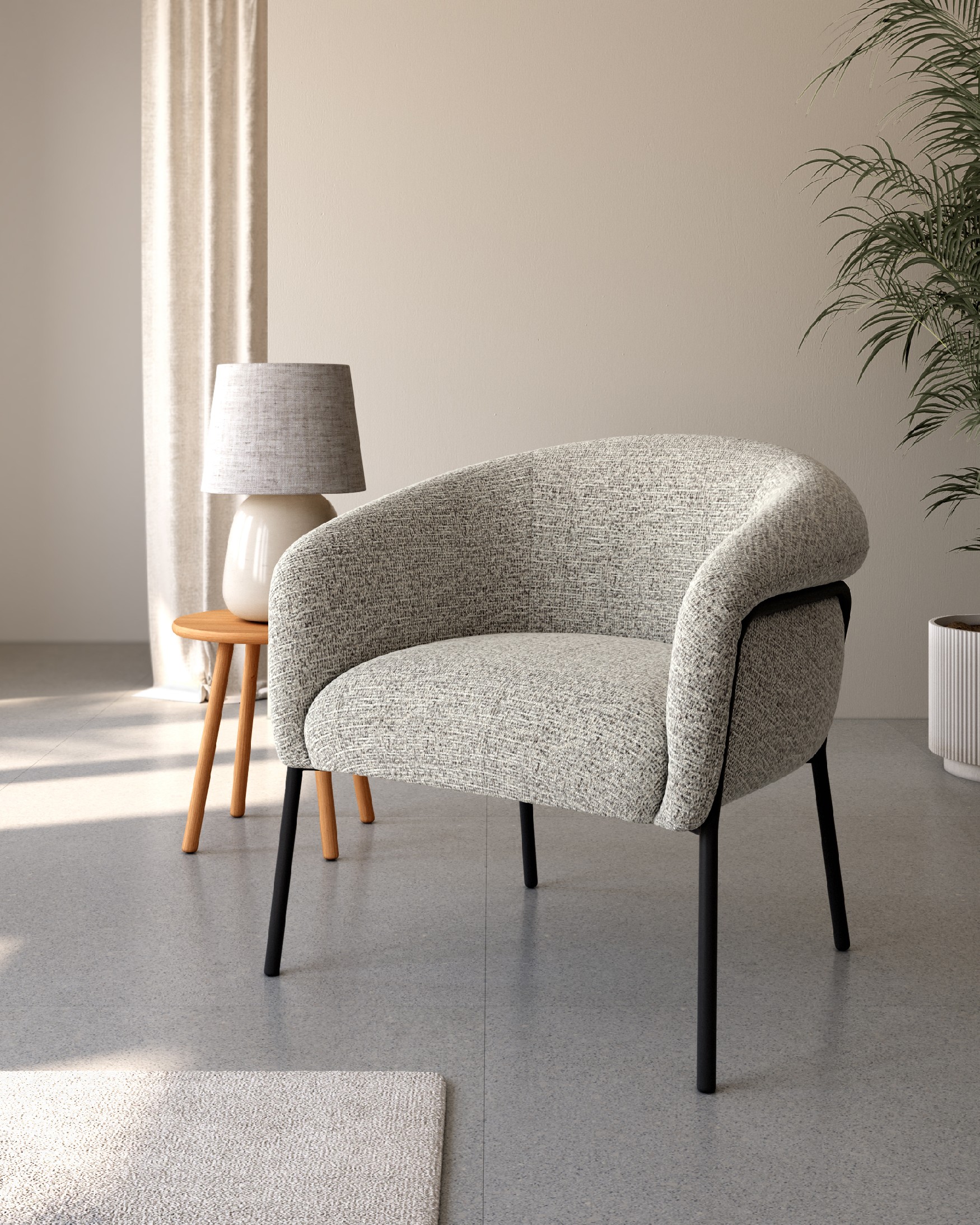 Rose armchair with marbled upholstery and black metal leg