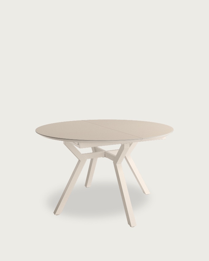 Round extendable Ross table with porcelain Beige finish and ivory metal leg 100/130 x 100 cm