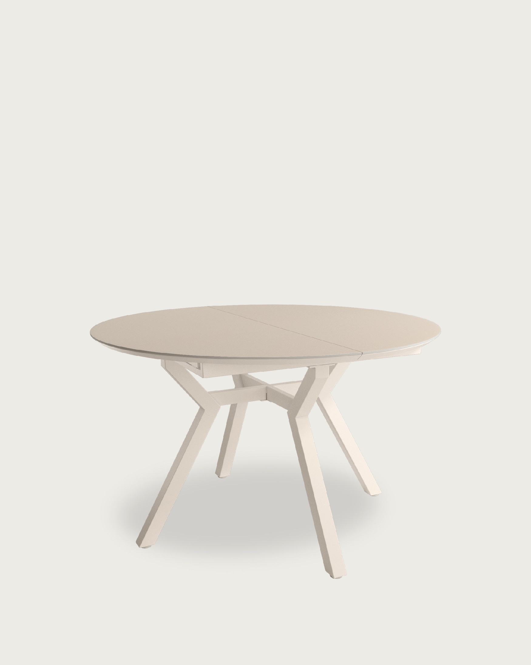 Round extendable Ross table with porcelain Beige finish and ivory metal leg 120/160 x 120 cm