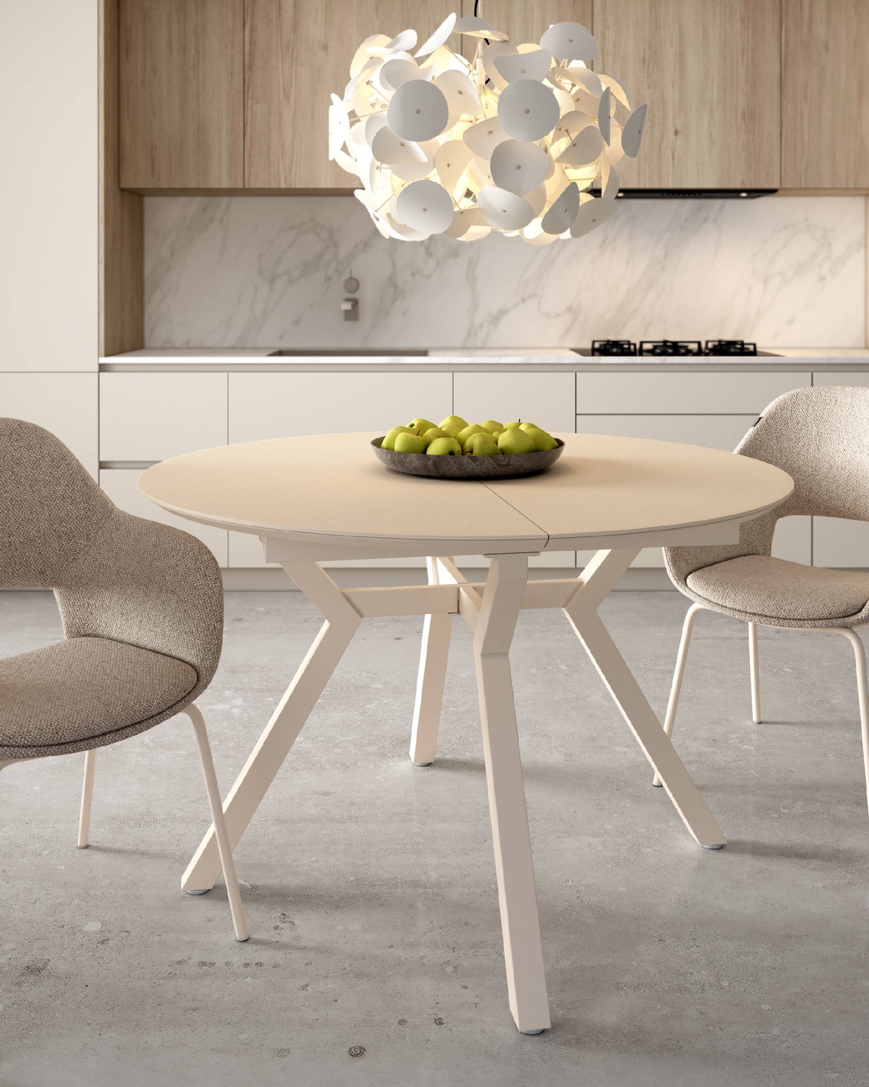 Round extendable Ross table with beige MDF finish and ivory metal leg ...