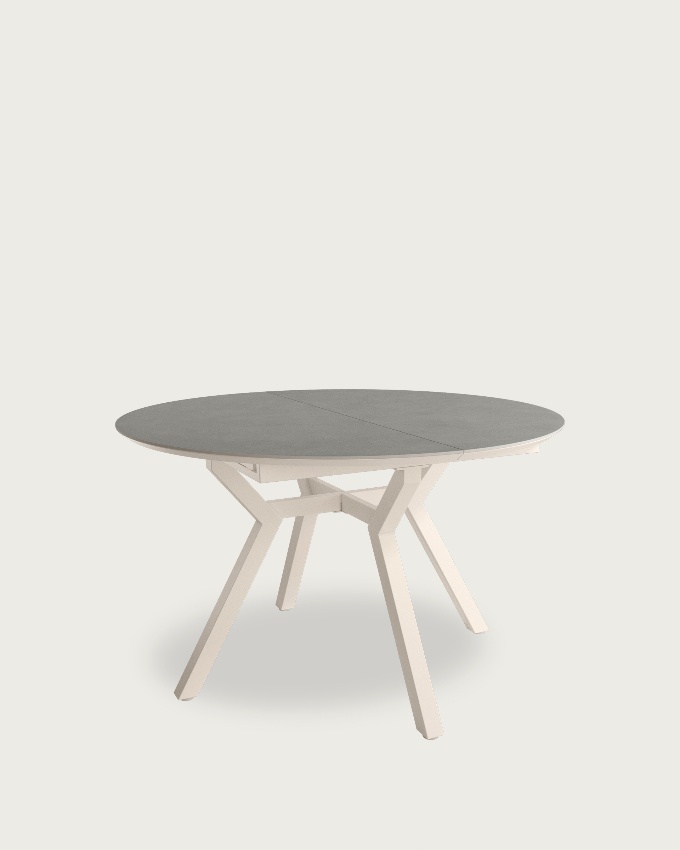 Round extendable Ross table with porcelain Porland finish  and ivory metal leg 100/130 x 100 cm