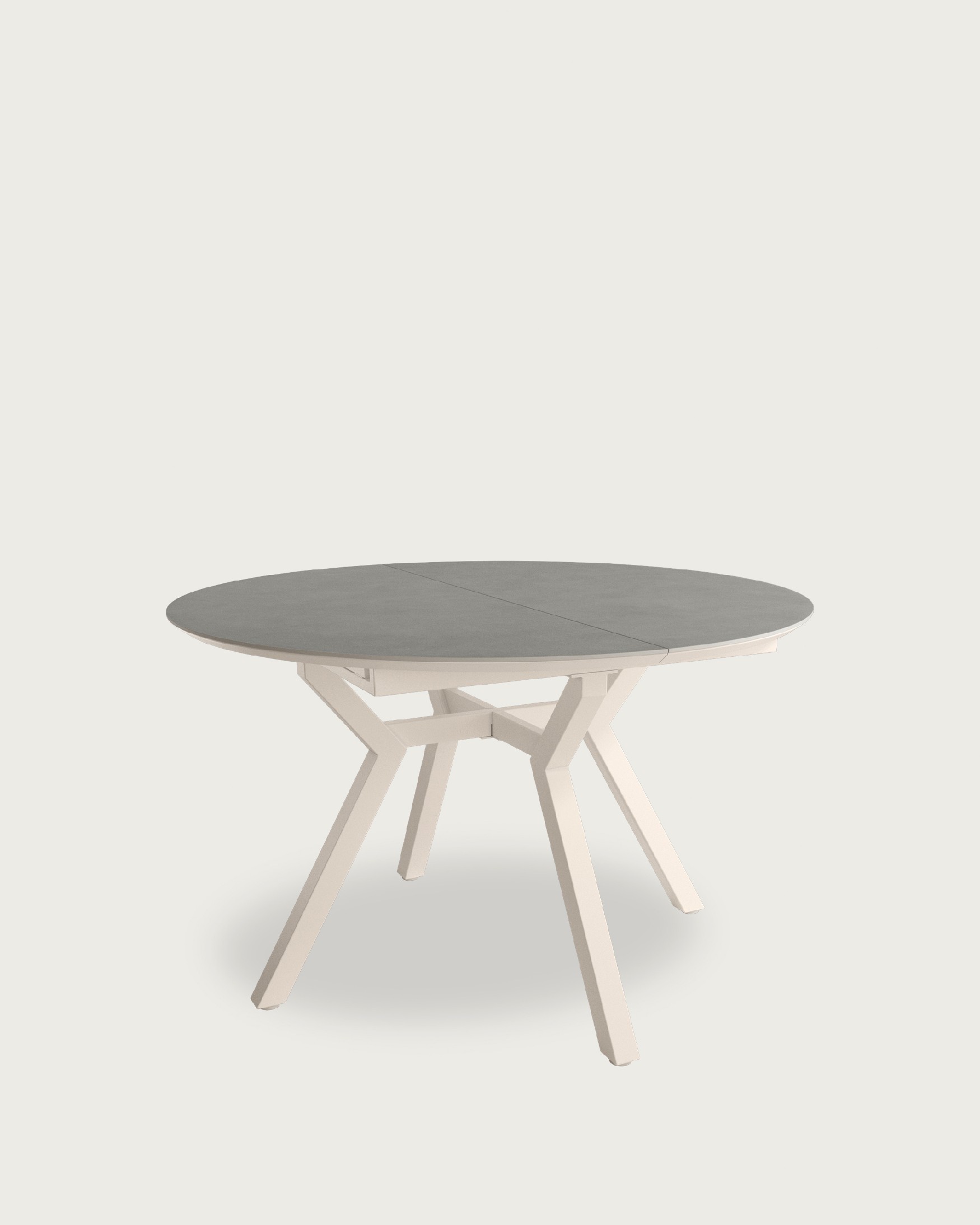Round extendable Ross table with porcelain Porland finish and ivory metal leg 120/160 x 120 cm